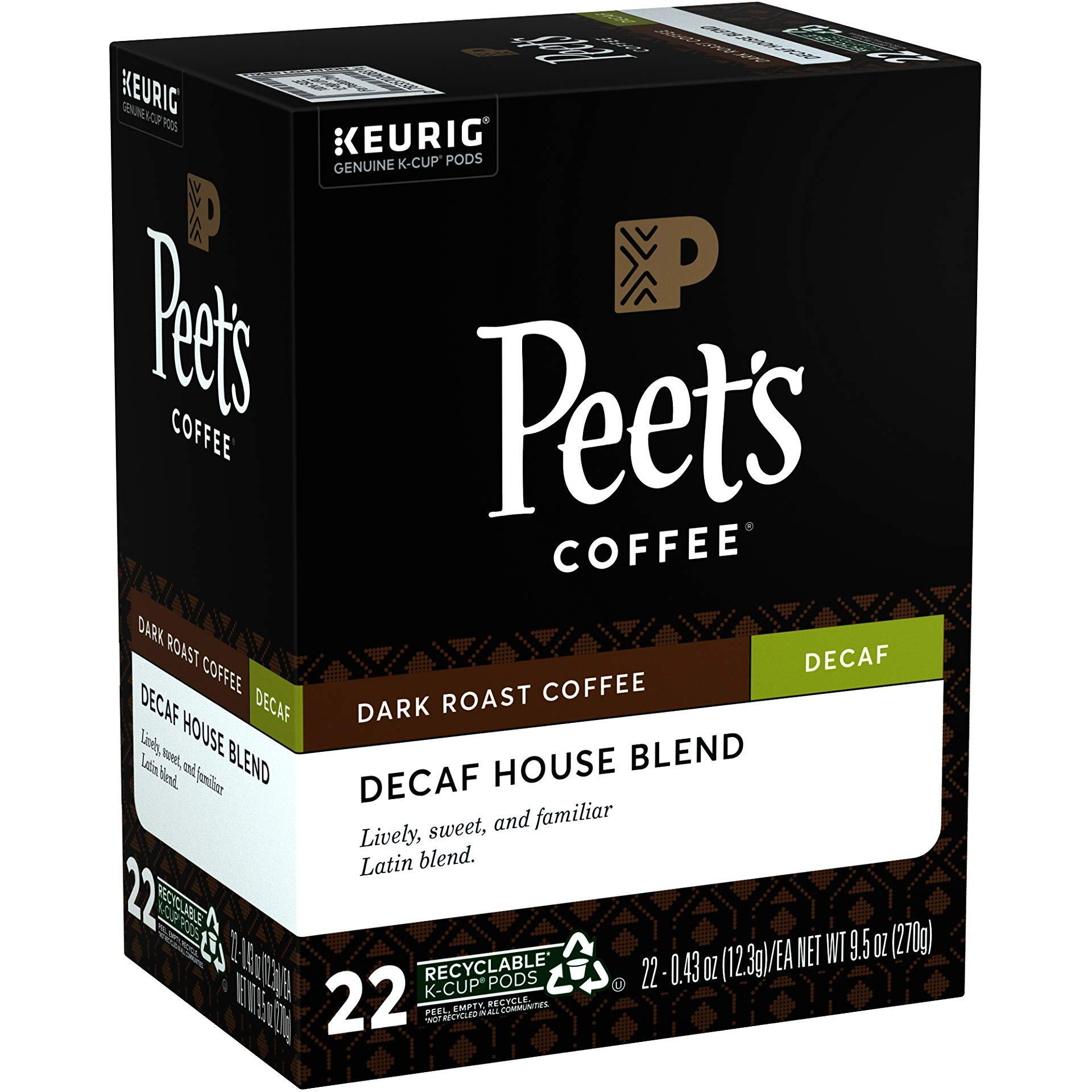 Peets Coffee Decaf House Blend K-Cup Coffee Pods For Keurig Brewers, Dark Roast, 22 Pods