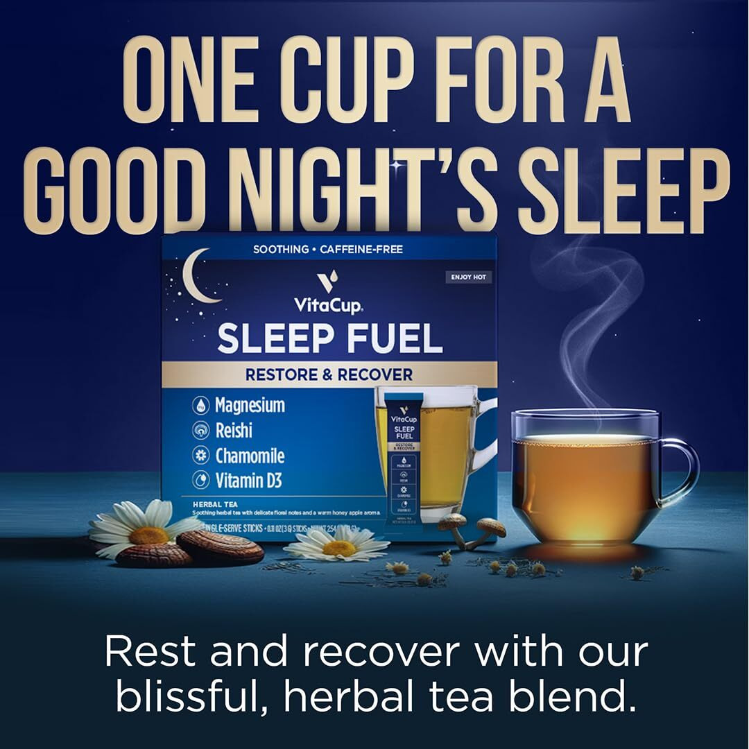 Vitacup Sleep Fuel Instant Tea Packets For Deep Rem Sleep, Relax & De-Stress W/Chamomile Tea, Magnesium, Vitamin D3, Coconut Water, Coconut Milk, Potassium, Calming Tea For Full Body Relaxation, 48Ct