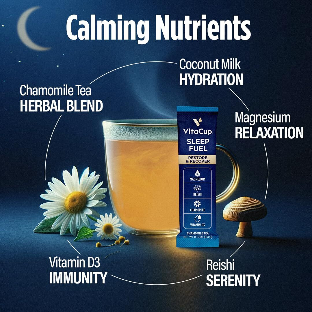 Vitacup Sleep Fuel Instant Tea Packets For Deep Rem Sleep, Relax & De-Stress W/Chamomile Tea, Magnesium, Vitamin D3, Coconut Water, Coconut Milk, Potassium, Calming Tea For Full Body Relaxation, 48Ct