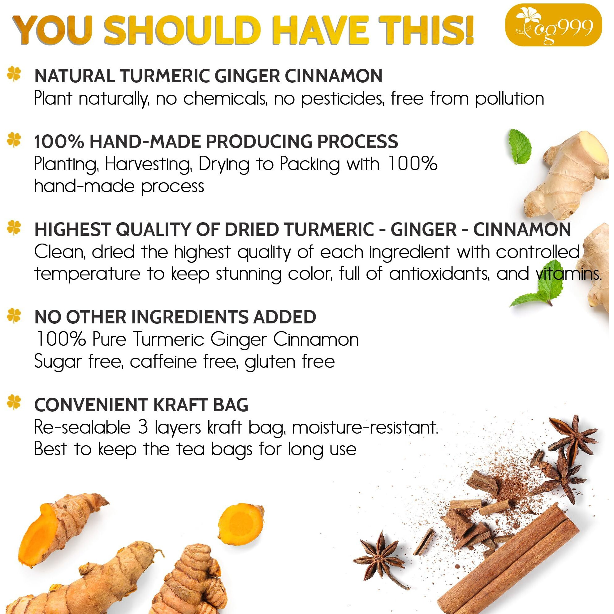 Tog999, 200 Tea Bags Turmeric, Ginger, Cinnamon, 100% Natural, Hand-Made Blend Of Turmeric, Ginger, And Cinnamon Herbal Tea. Eco-Conscious Tea Bags. No Sugar, No Caffeine, No Gluten, Vegan.