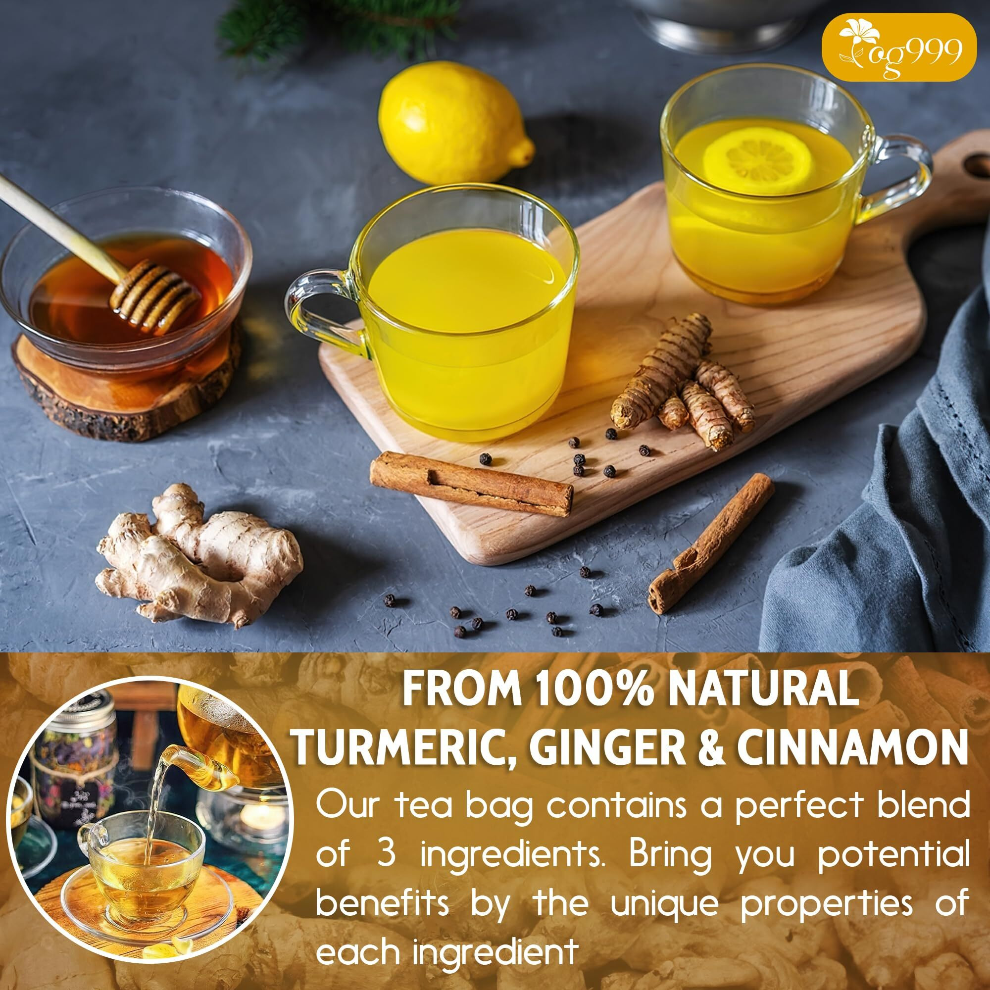 Tog999, 200 Tea Bags Turmeric, Ginger, Cinnamon, 100% Natural, Hand-Made Blend Of Turmeric, Ginger, And Cinnamon Herbal Tea. Eco-Conscious Tea Bags. No Sugar, No Caffeine, No Gluten, Vegan.