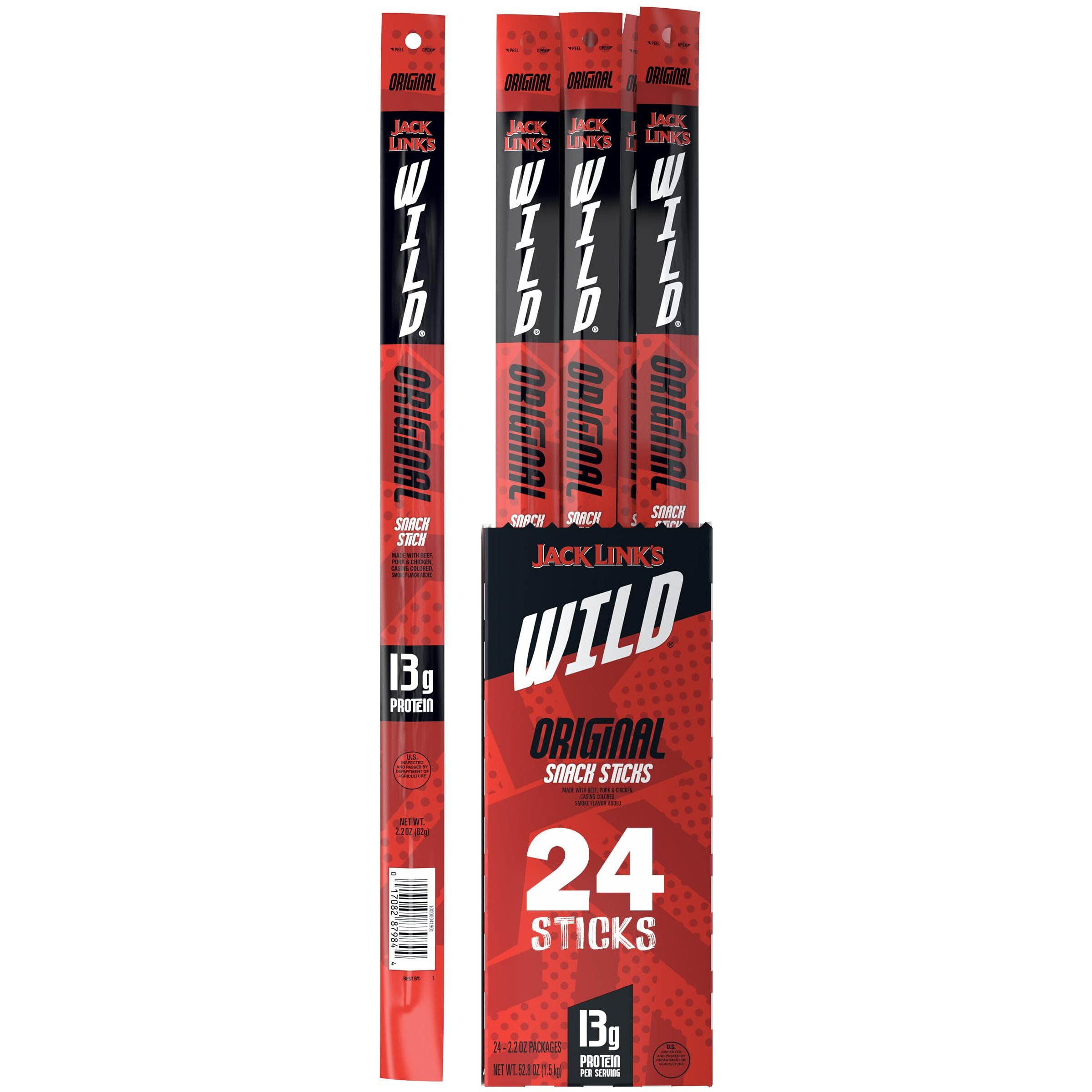 Jack Link's Wild Beef Sticks, Original - Protein Snack, Meat Stick With 14G Of Protein, 2.2 Oz. (Pack Of 24)