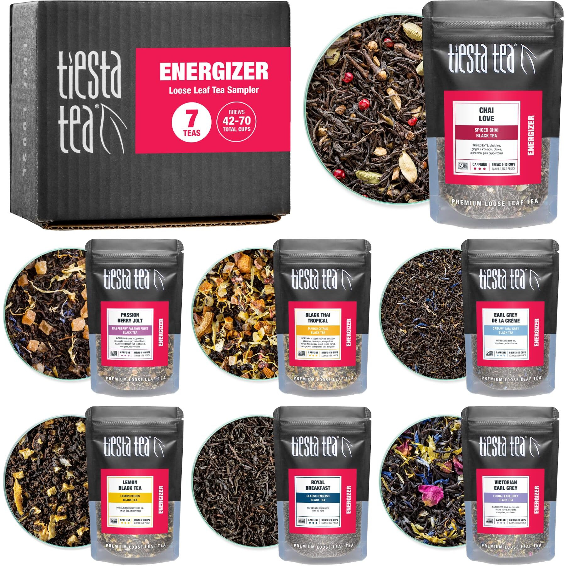 Tiesta Tea - Energizer Tea Sampler Set, High Caffeine, 70 Cups, Premium Loose Leaf Variety Pack With Black & Chai Tea - 7 Resealable Sample Pouches