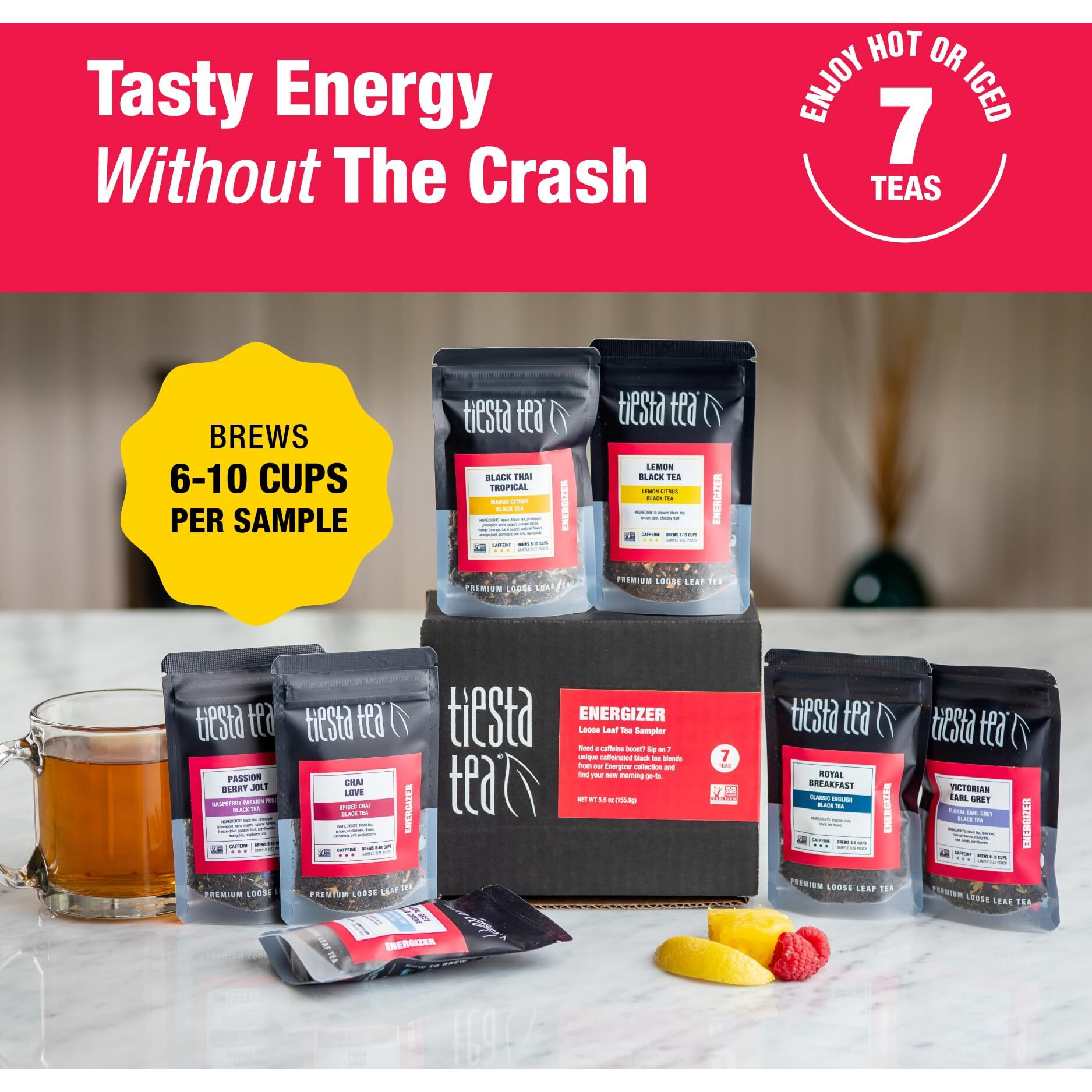 Tiesta Tea - Energizer Tea Sampler Set, High Caffeine, 70 Cups, Premium Loose Leaf Variety Pack With Black & Chai Tea - 7 Resealable Sample Pouches