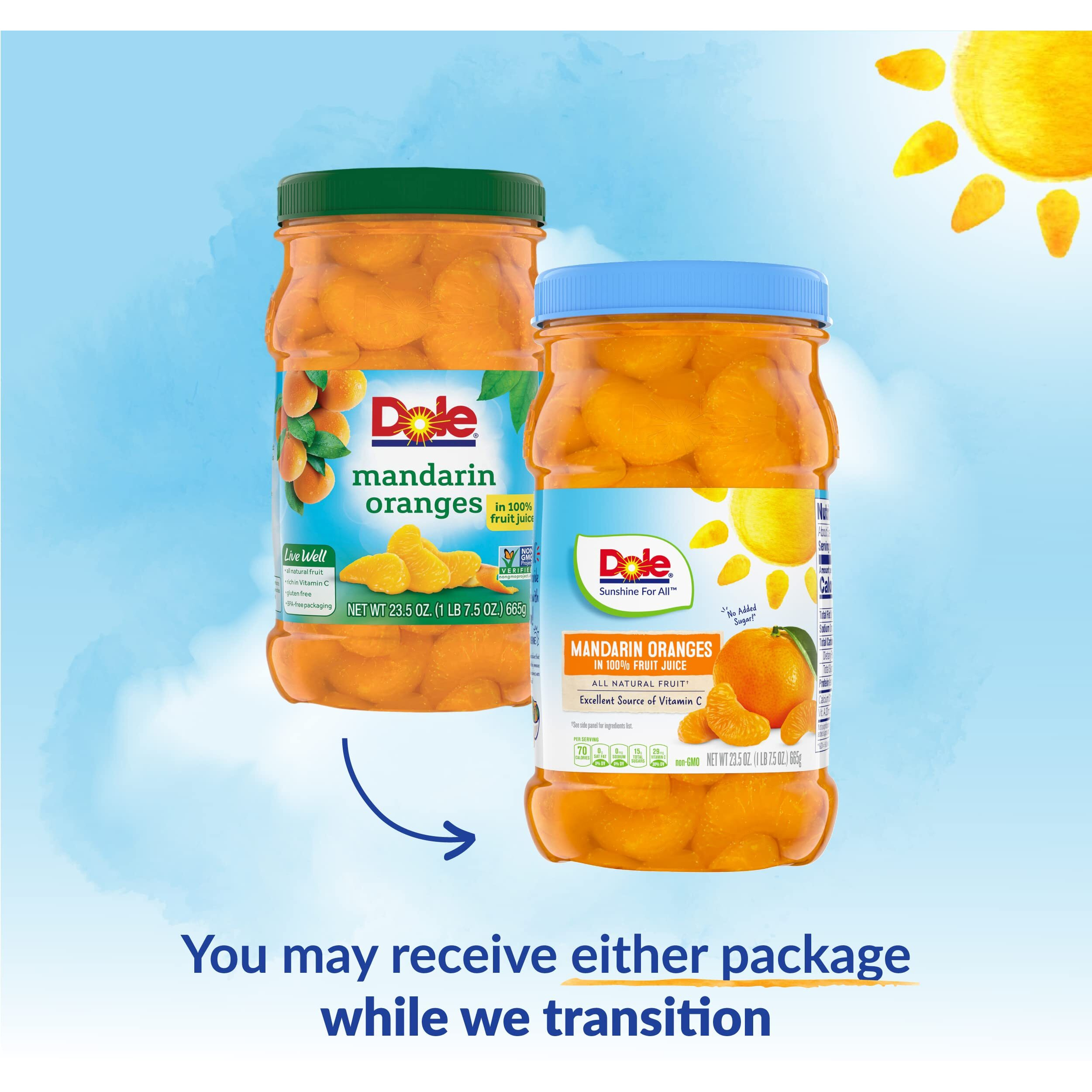 Dole Fruit Jars, Mandarin Oranges In 100% Fruit Juice, Gluten Free, Pantry Staples, 23.5 Oz Resealable Jars, 8 Count