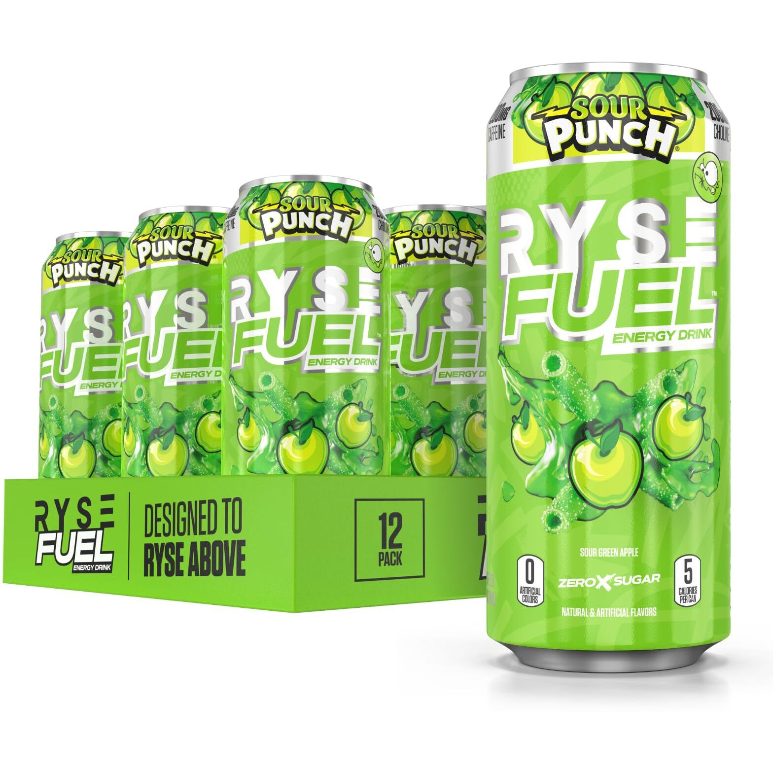 Ryse Fuel Sugar Free Energy Drink | Vegan Friendly, Gluten Free | No Fillers & No Artificial Colors | Low Calorie | 200Mg Natural Caffeine | 12 Pack (Sour Punch Green Apple)