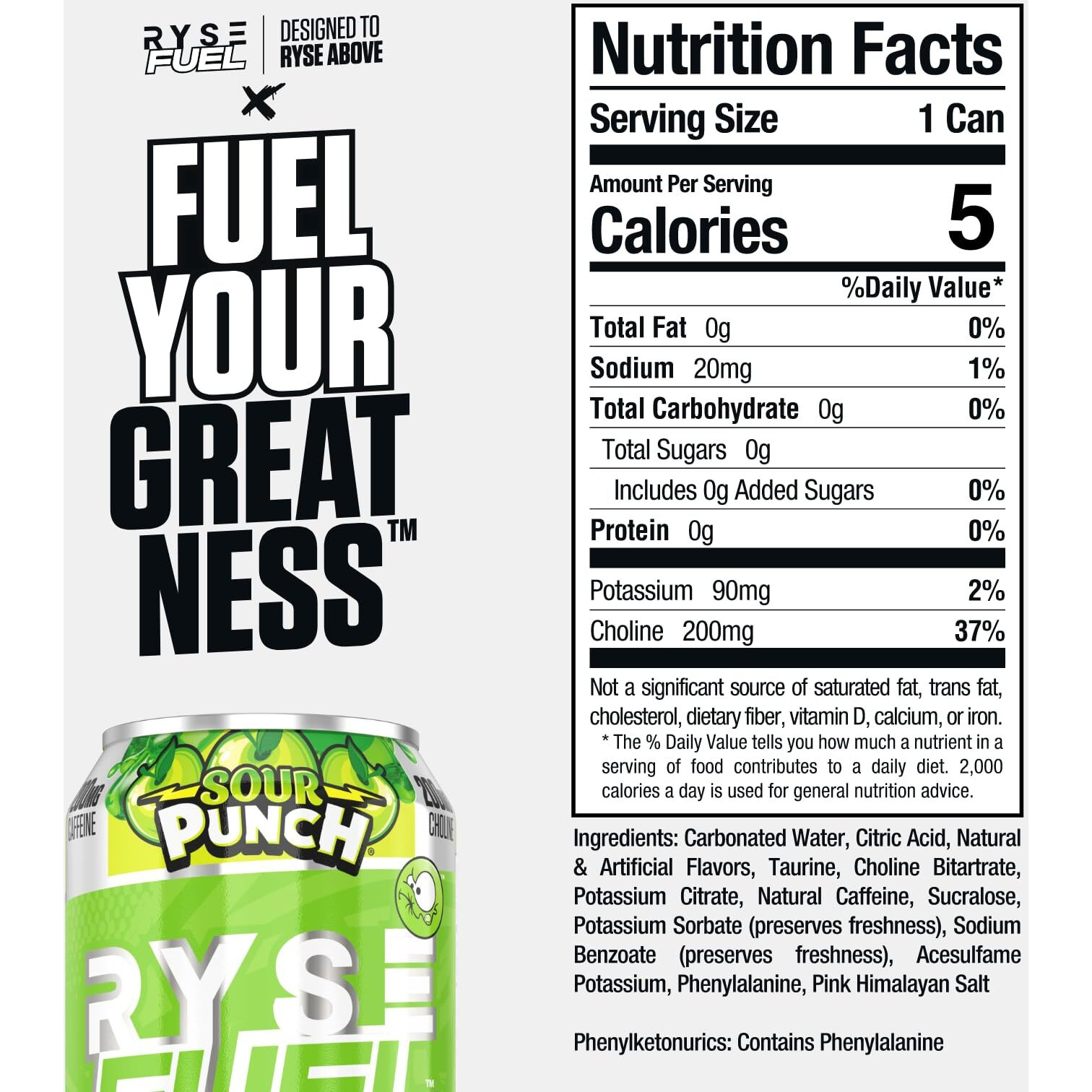 Ryse Fuel Sugar Free Energy Drink | Vegan Friendly, Gluten Free | No Fillers & No Artificial Colors | Low Calorie | 200Mg Natural Caffeine | 12 Pack (Sour Punch Green Apple)