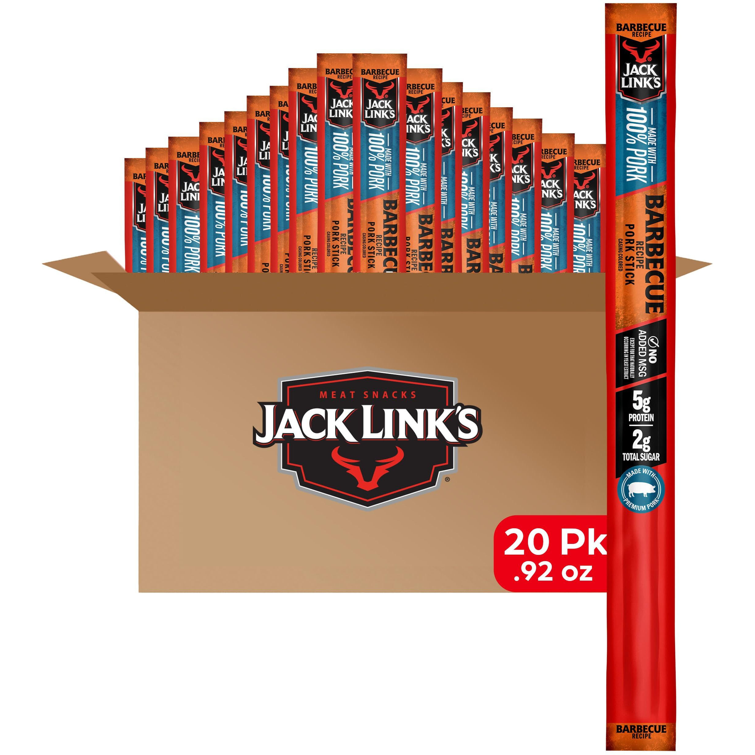 Jack Link's Meat Sticks, Barbecue Pork Sticks - Protein Snack, Individually Wrapped Meat Stick With 5G Of Protein - 0.92 Oz. (20 Count)
