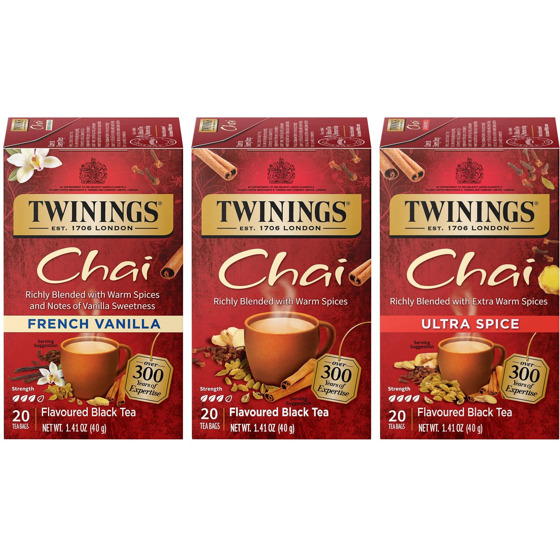 Twinings Chai Tea Variety 3-Pack - Chai, Ultra Spice Chai, And French Vanilla Chai, Caffeinated Black Tea Bags, 20 Count Each