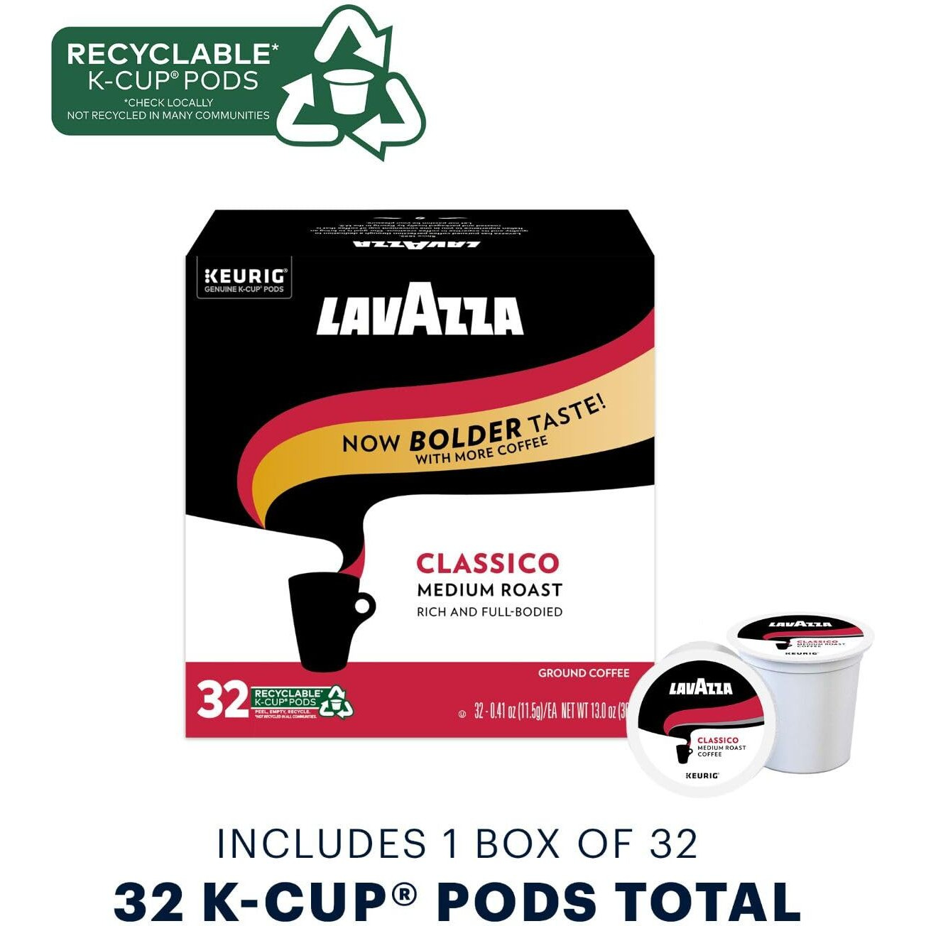 Lavazza Classico Single-Serve Coffee K-Cup Pods For Keurig Brewer, Medium Roast, Caps Classico, 32 Count (Pack Of 4) Full-Bodied Medium Roast With Rich Flavor And Notes Of Dried Fruit, Value Pack