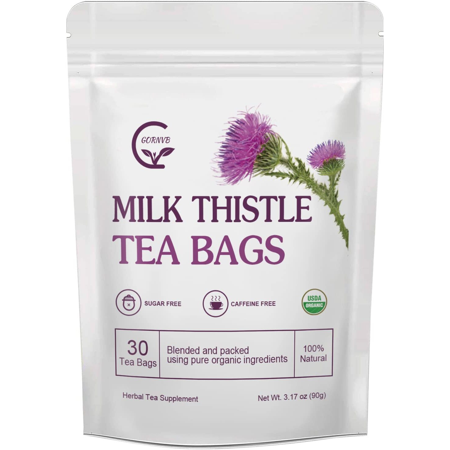 Organic Milk Thistle Tea Bags, Liver Support Herbal Tea, Caffeine Free, 30 Tea Bags