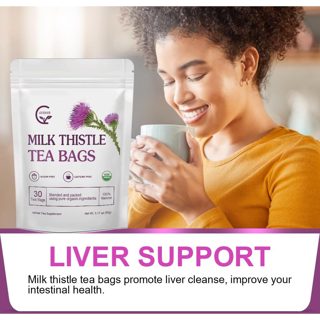 Organic Milk Thistle Tea Bags, Liver Support Herbal Tea, Caffeine Free, 30 Tea Bags