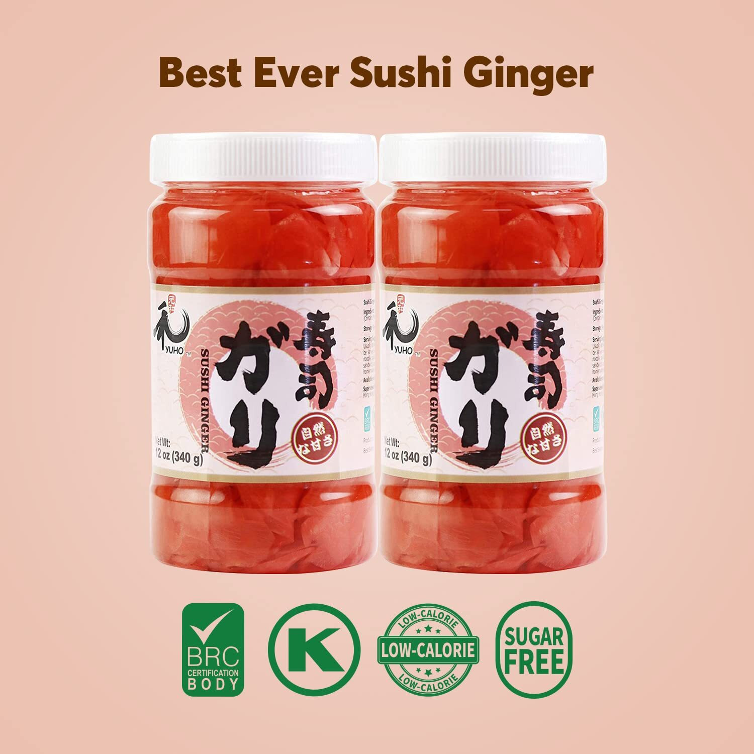 Yuho Pickled Sushi Ginger, Japanese Pink Gari Sushi Ginger Fat Free, Sugar Free, Kosher, Brc, No Msg, Low Cal- 2 Jars Of 12 Oz