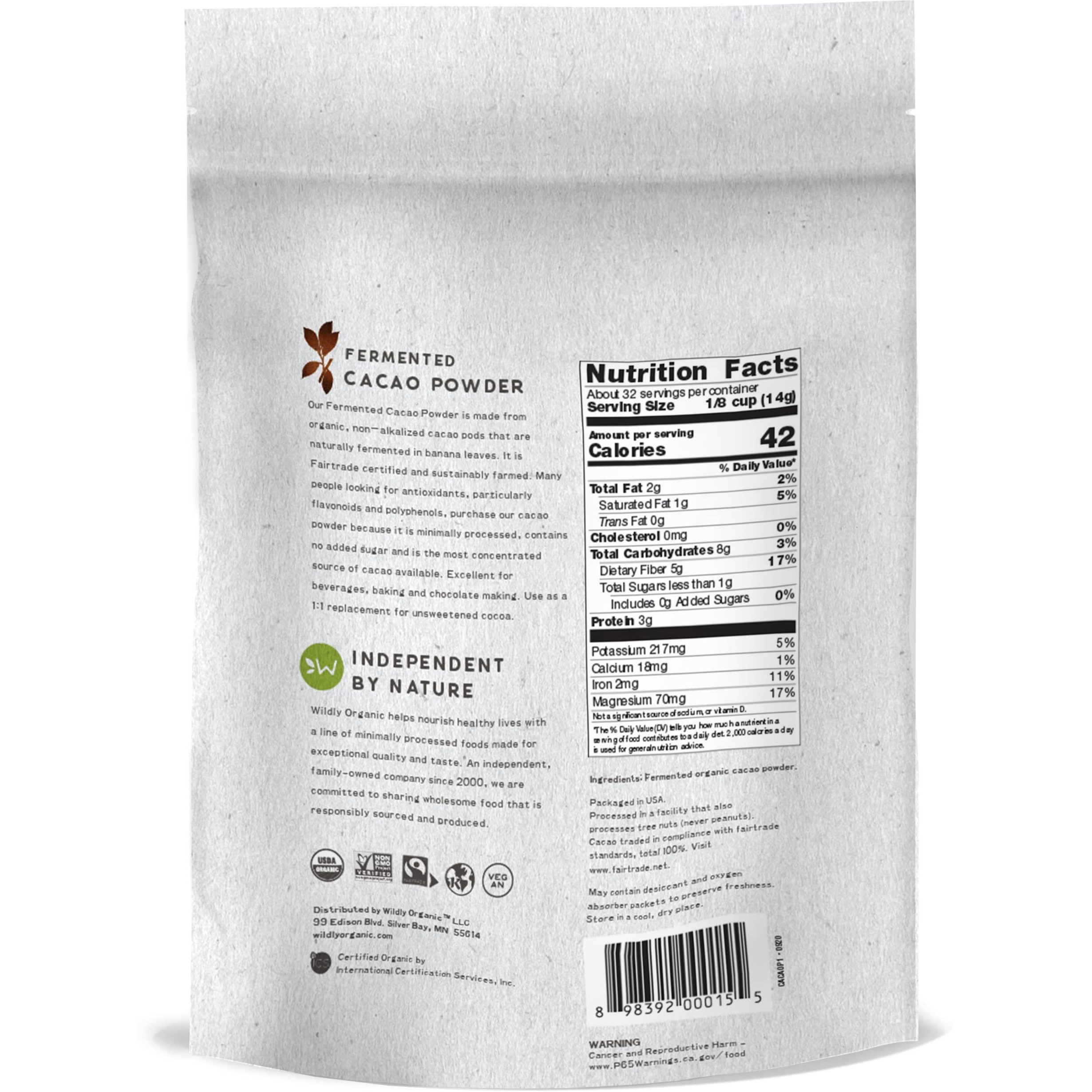 Wildly Organic Fermented Cacao Powder 16 Oz, 1 Lb Bag - Organic, Non-Alkalized, Minimally Processed, High In Antioxidants, Raw, Fair Trade, Non-Gmo, Kosher, Vegan, Premium Rich Chocolate Flavor | Perfect For Skin, Hair, Smoothies, Yogurt, Oatmeal, Baking, & Hot Cocoa