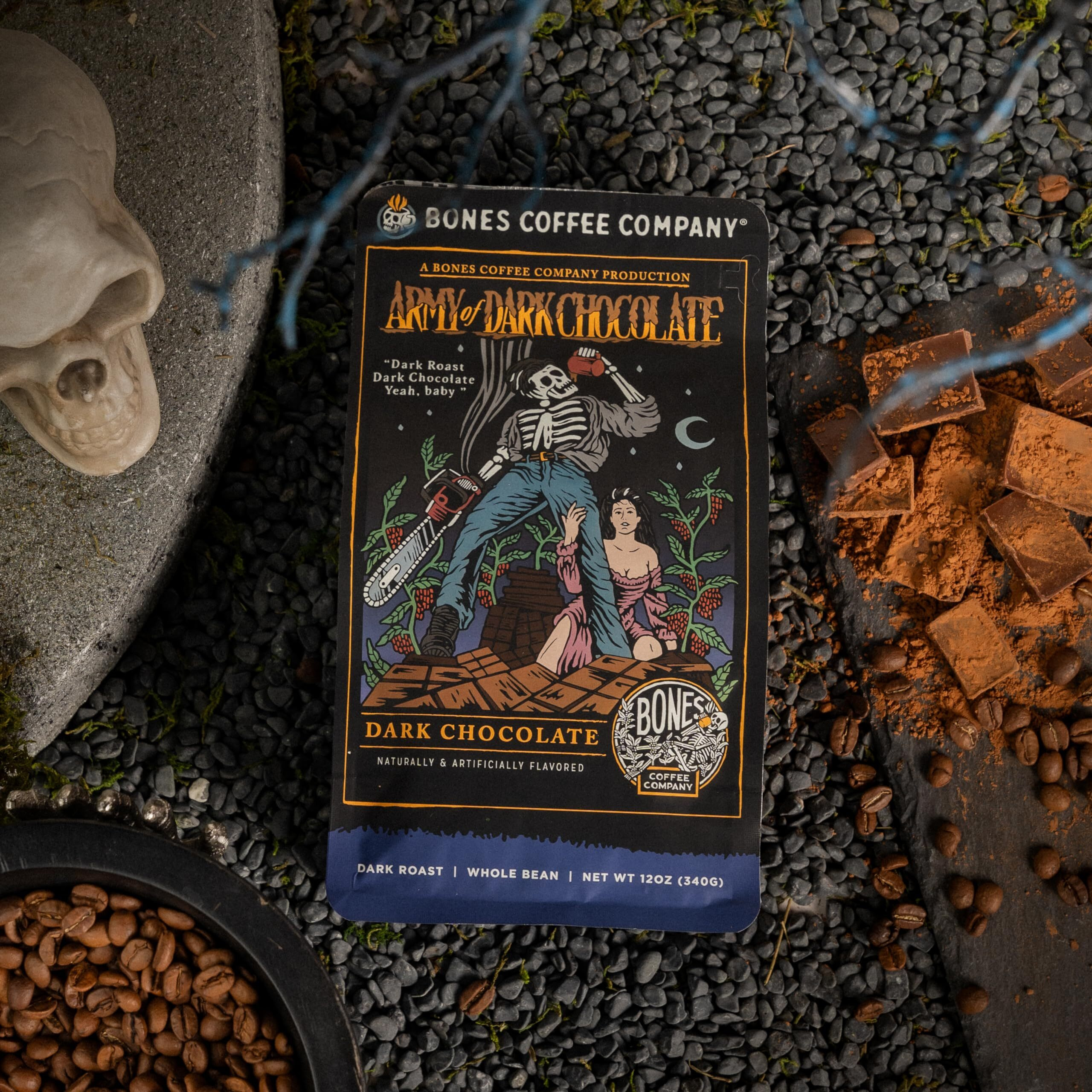 Bones Coffee Company Army Of Dark Chocolate Whole Coffee Beans, Dark Chocolate Flavor Low Acid Flavored Coffee, Made With Arabica Coffee Beans, Dark Roast Gourmet Coffee (12 Oz)
