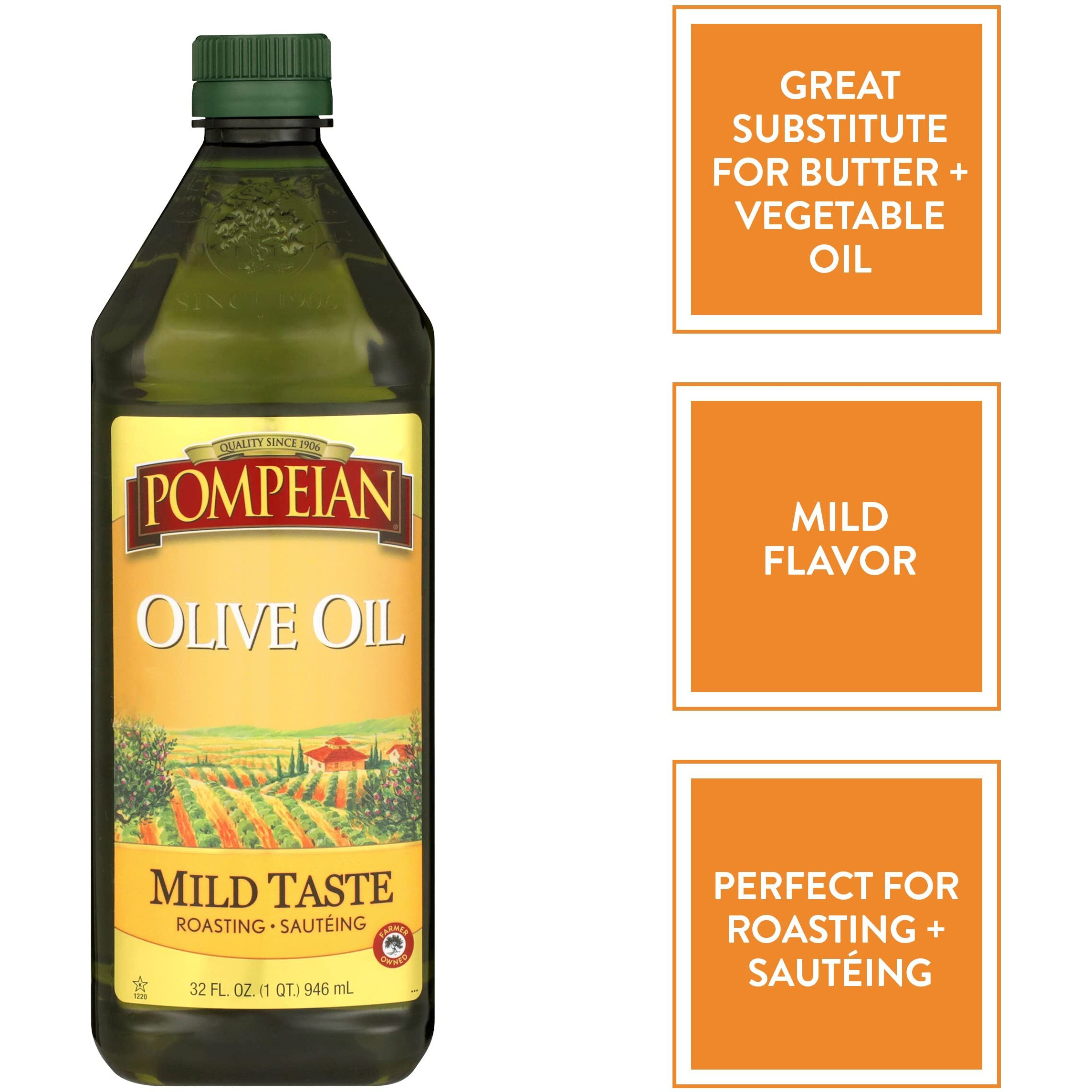 Pompeian Mild Taste Olive Oil, Perfect For Roasting & Sauteing, Naturally Gluten Free, Non-Allergenic, Non-Gmo, 32 Fl. Oz.