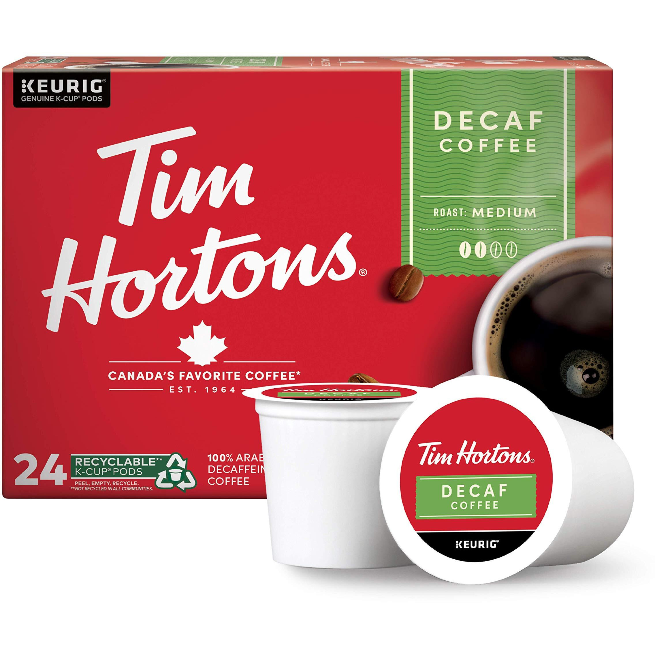 Tim Hortons Decaf Medium Roast Coffee, Single-Serve K-Cup Pods Compatible With Keurig Brewers, 96Ct K-Cups, Red 24 Count (Pack Of 4)