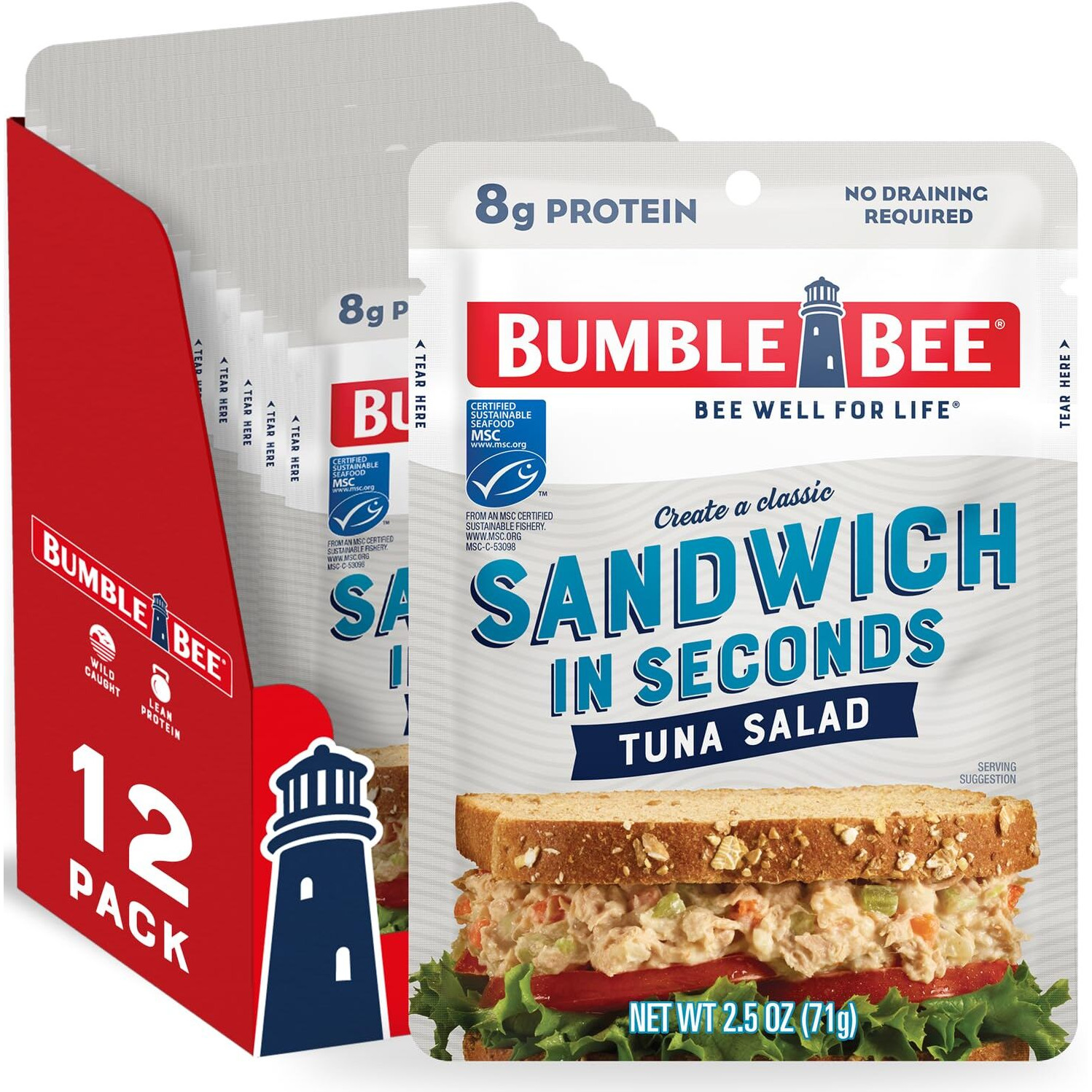 Bumble Bee Sandwich In Seconds Tuna Salad, 2.5 Oz Pouches (Pack Of 12) - Ready To Eat - Wild Caught Tuna Packet - 8G Protein Per Serving - Gluten Free