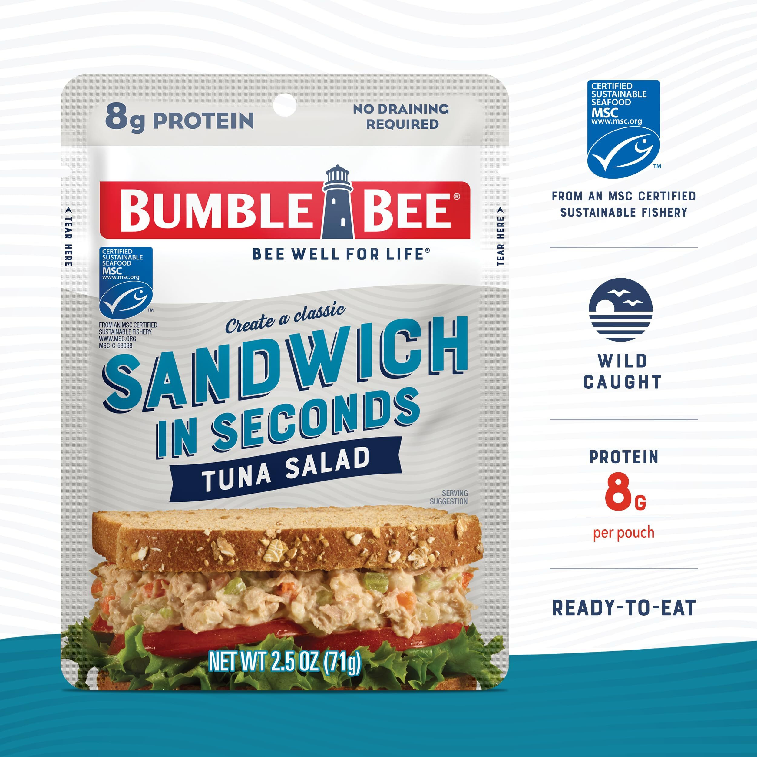 Bumble Bee Sandwich In Seconds Tuna Salad, 2.5 Oz Pouches (Pack Of 12) - Ready To Eat - Wild Caught Tuna Packet - 8G Protein Per Serving - Gluten Free