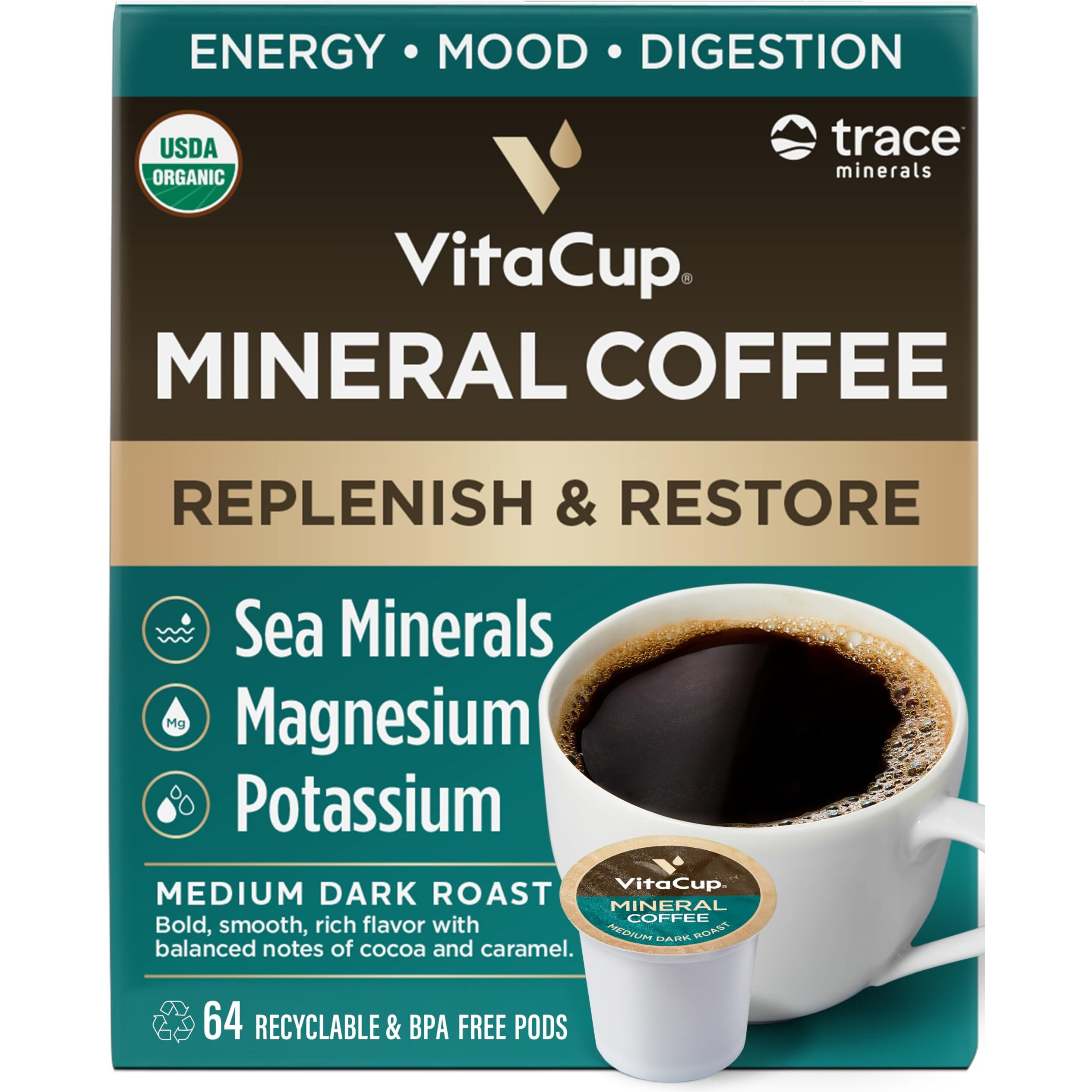 Vitacup Mineral Coffee Pods With Trace Minerals, Hydrate, Replenish & Restore, W/Sea Minerals, Electrolytes, Organic Coffee, Medium Dark Roast, Single Serve Pod Compatible W/Keurig K-Cup Brewers,64 Ct