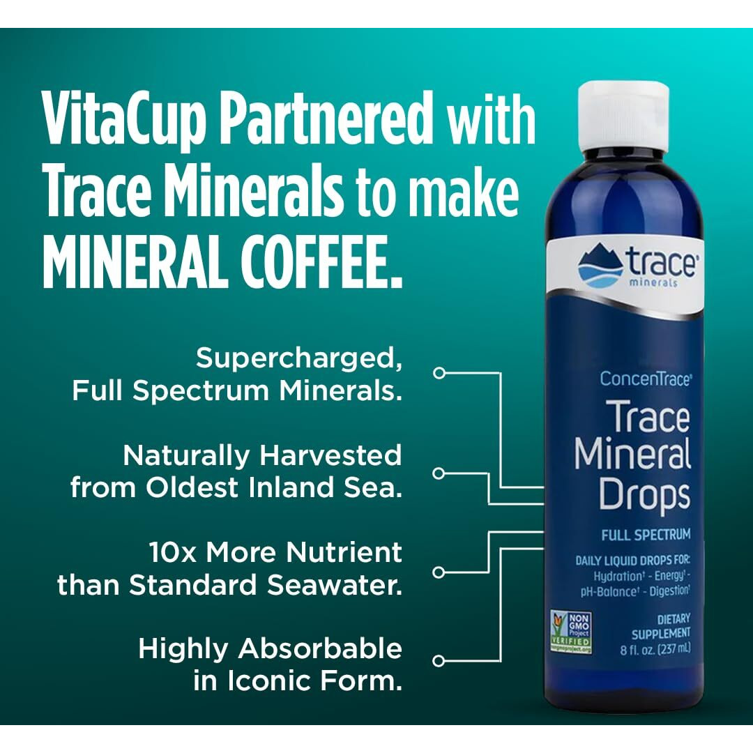 Vitacup Mineral Coffee Pods With Trace Minerals, Hydrate, Replenish & Restore, W/Sea Minerals, Electrolytes, Organic Coffee, Medium Dark Roast, Single Serve Pod Compatible W/Keurig K-Cup Brewers,64 Ct