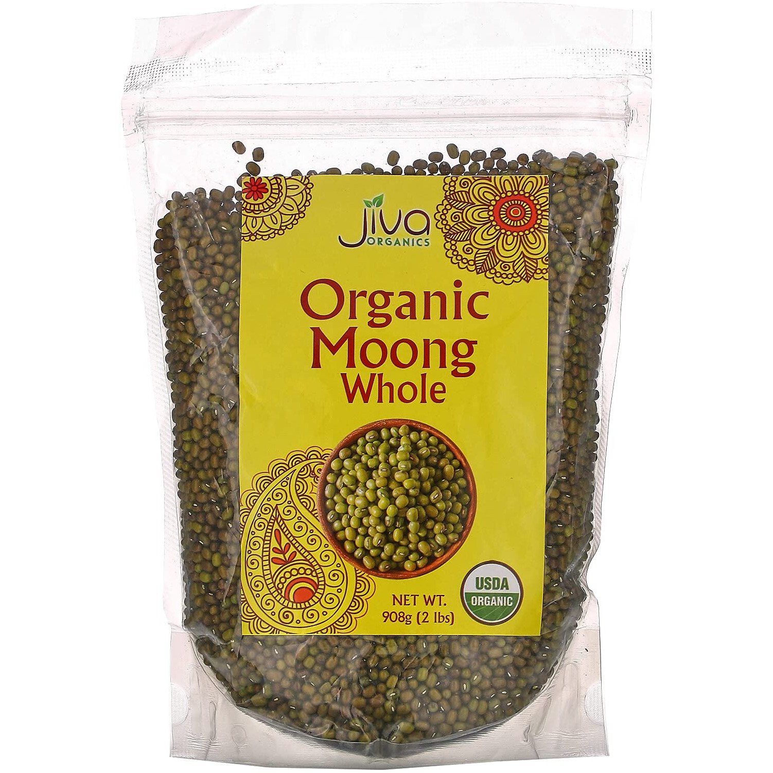 Jiva Organic Mung Bean - Mung Moong Beens Whole For Sprouting And Cooking - 2 Lb Bean Bag - Indian Spices