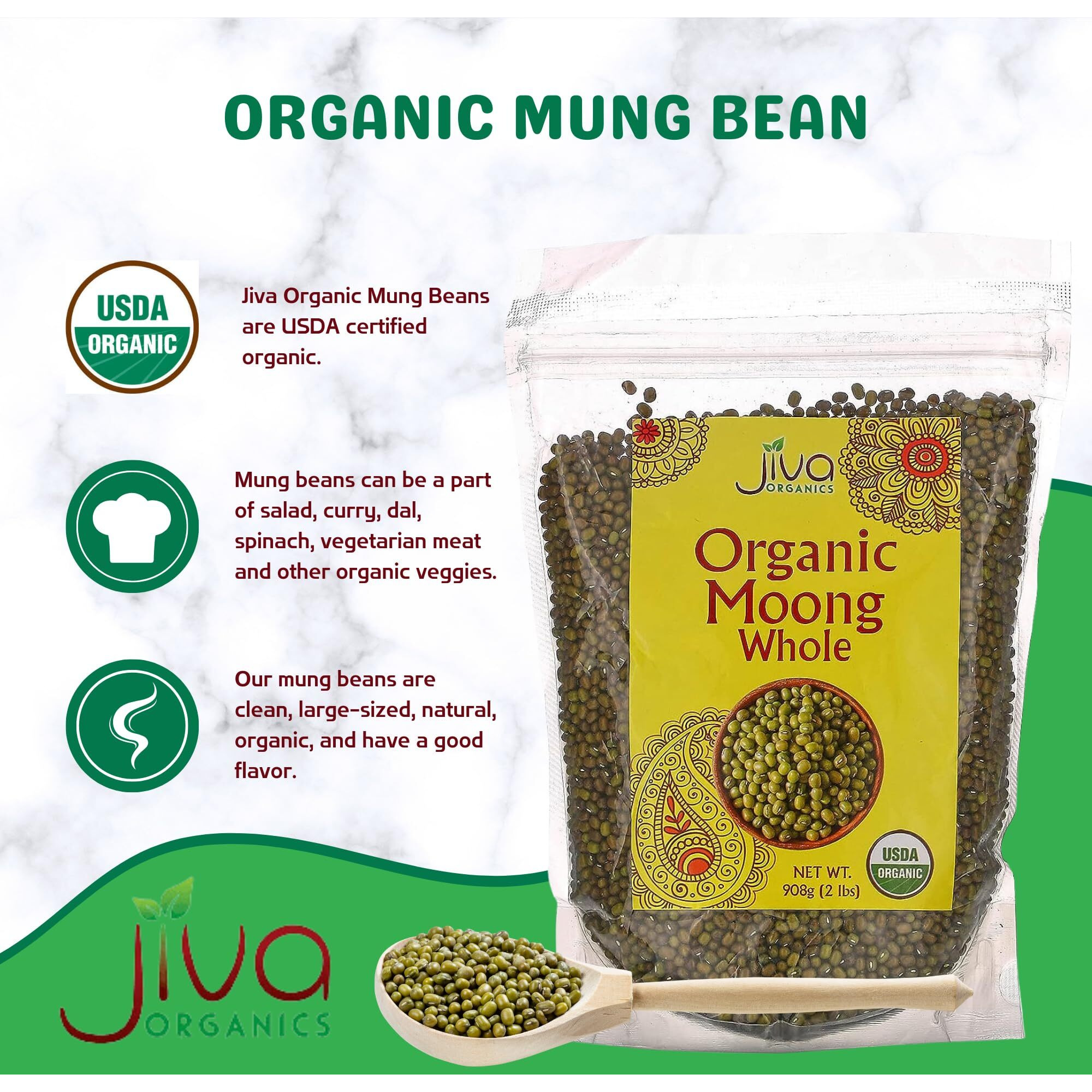 Jiva Organic Mung Bean - Mung Moong Beens Whole For Sprouting And Cooking - 2 Lb Bean Bag - Indian Spices