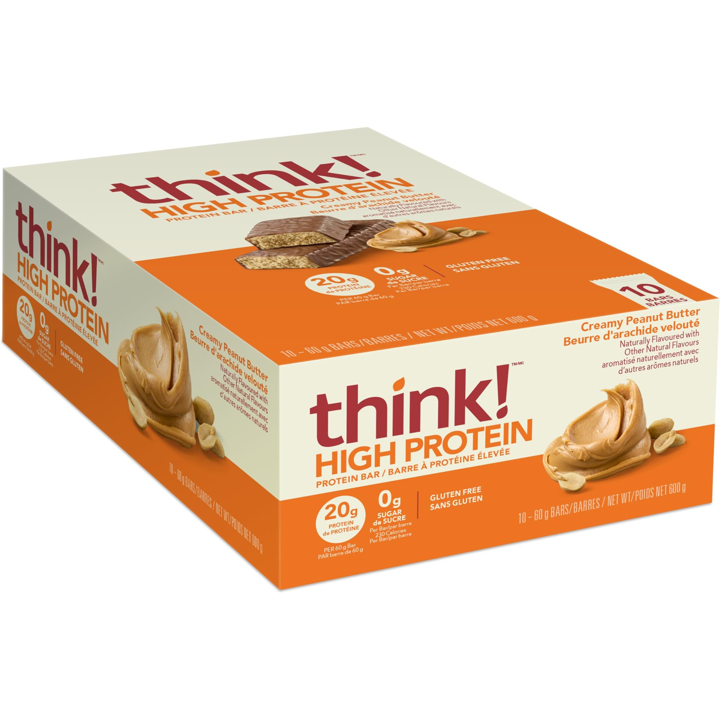 Think Protein Bars, High Protein Snacks, Gluten Free, Sugar Free Energy Bar With Whey Protein Isolate, Creamy Peanut Butter, Nutrition Bars Without Artificial Sweeteners, 2.1 Oz (10 Count)