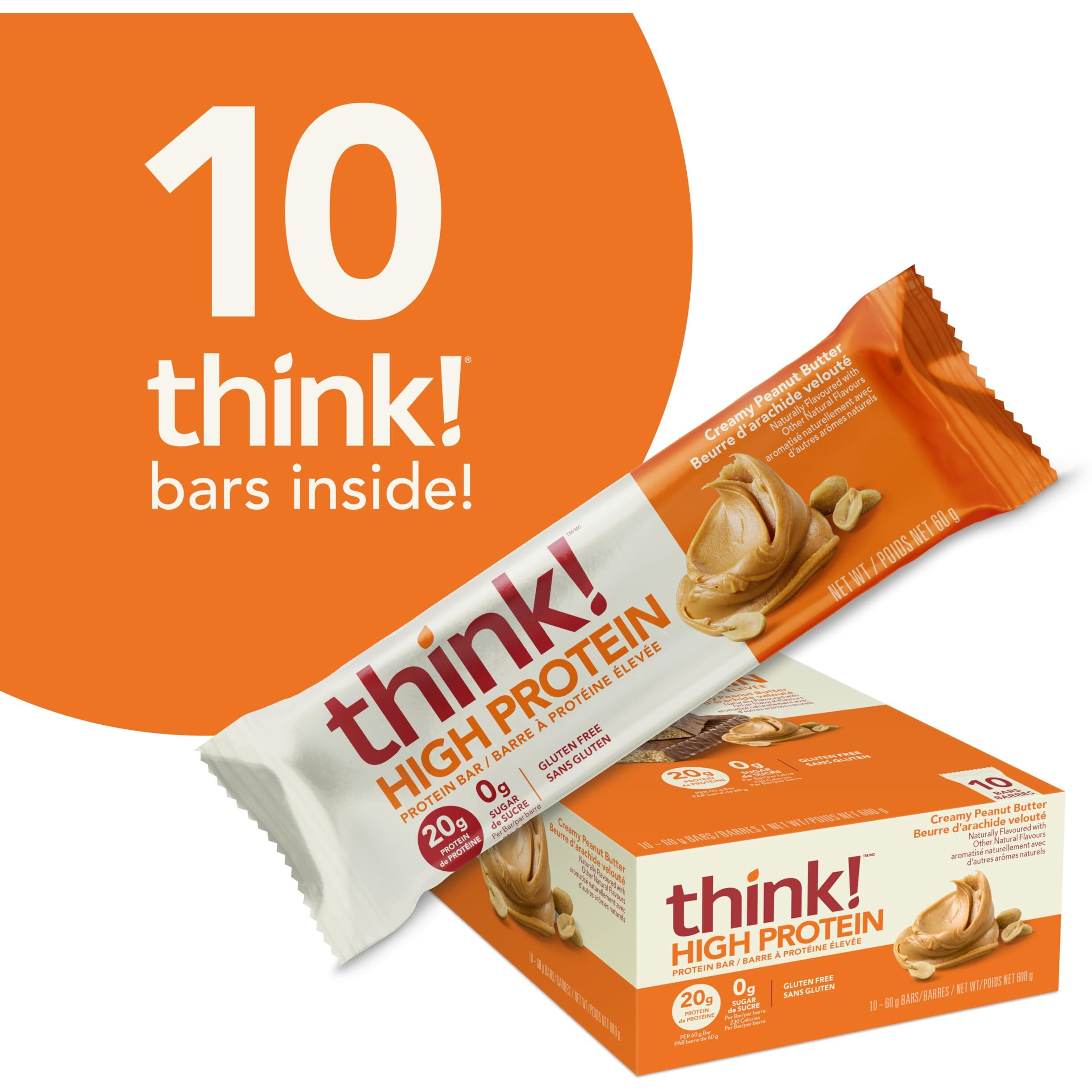 Think Protein Bars, High Protein Snacks, Gluten Free, Sugar Free Energy Bar With Whey Protein Isolate, Creamy Peanut Butter, Nutrition Bars Without Artificial Sweeteners, 2.1 Oz (10 Count)