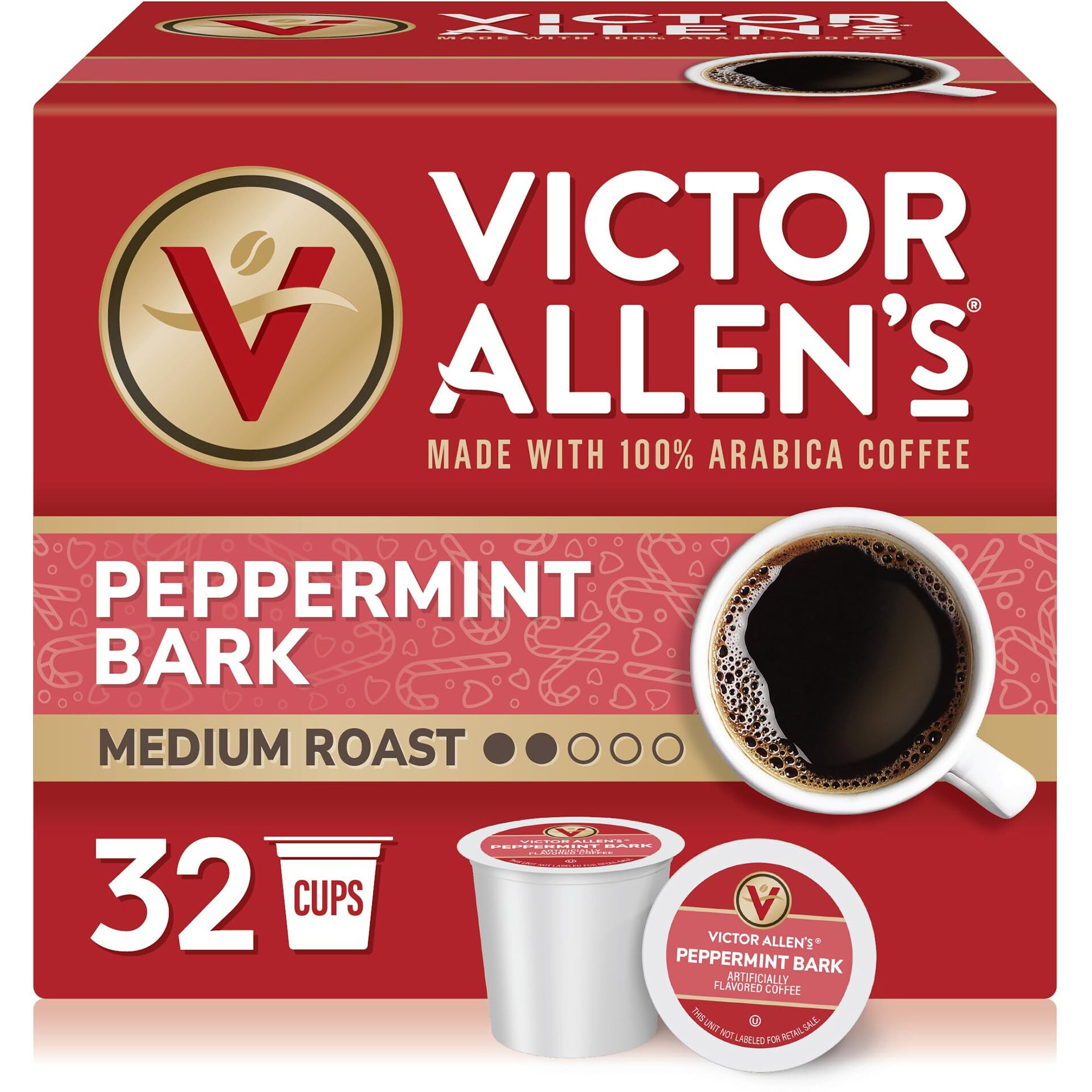 Victor Allen's Coffee Peppermint Bark Flavored, Medium Roast, 32 Count, Single Serve Coffee Pods For Keurig K-Cup Brewers
