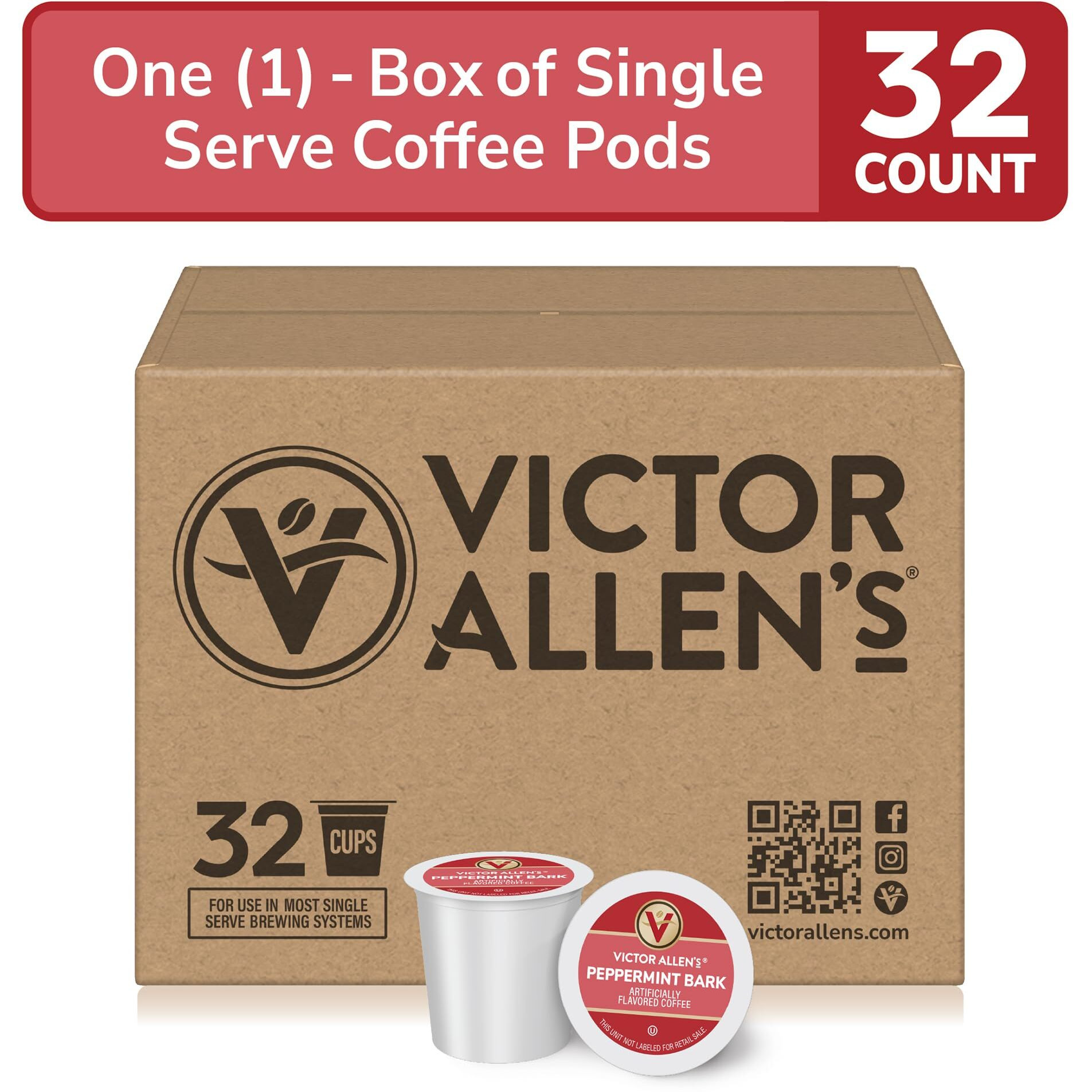 Victor Allen's Coffee Peppermint Bark Flavored, Medium Roast, 32 Count, Single Serve Coffee Pods For Keurig K-Cup Brewers