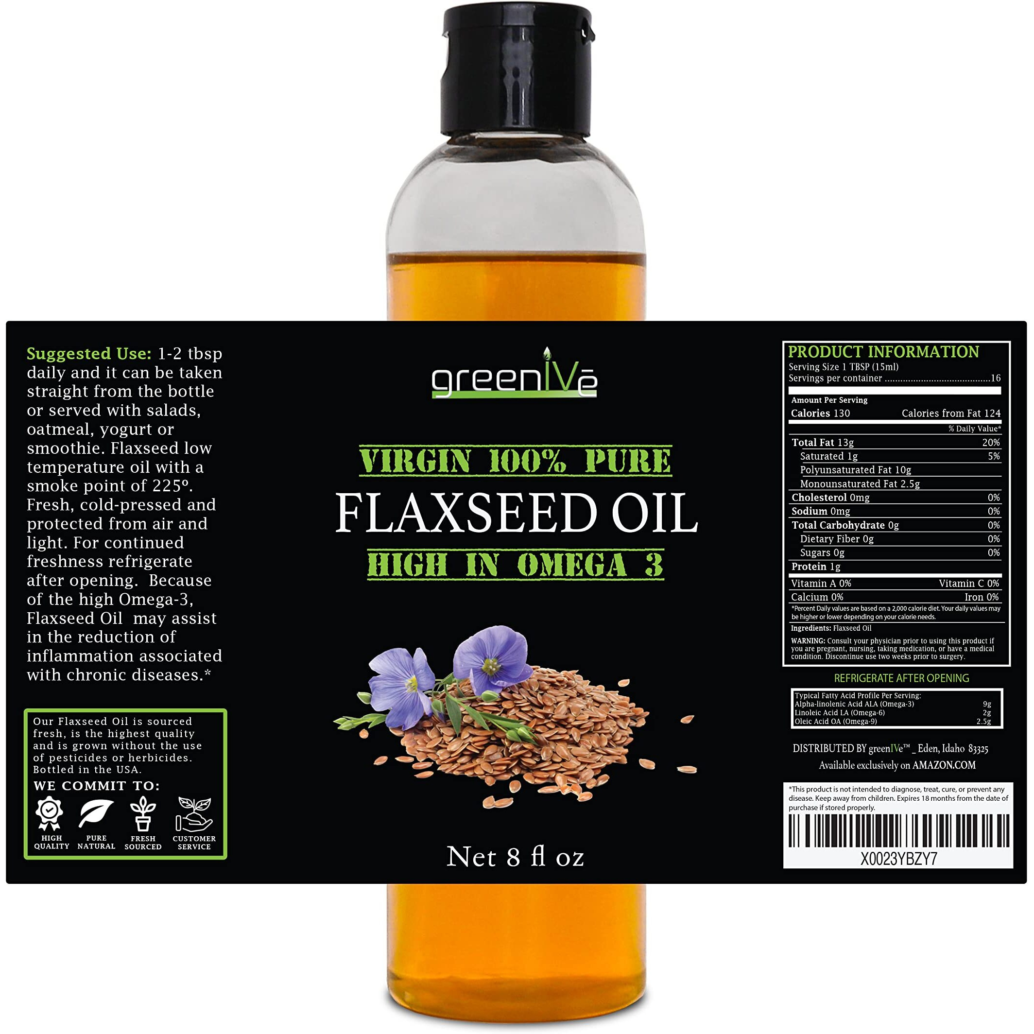 Greenive Flax Seed Oil Organically Grown100% Pure Cold Pressed High Vegan Omega Fatty Acids (8 Fl Oz)