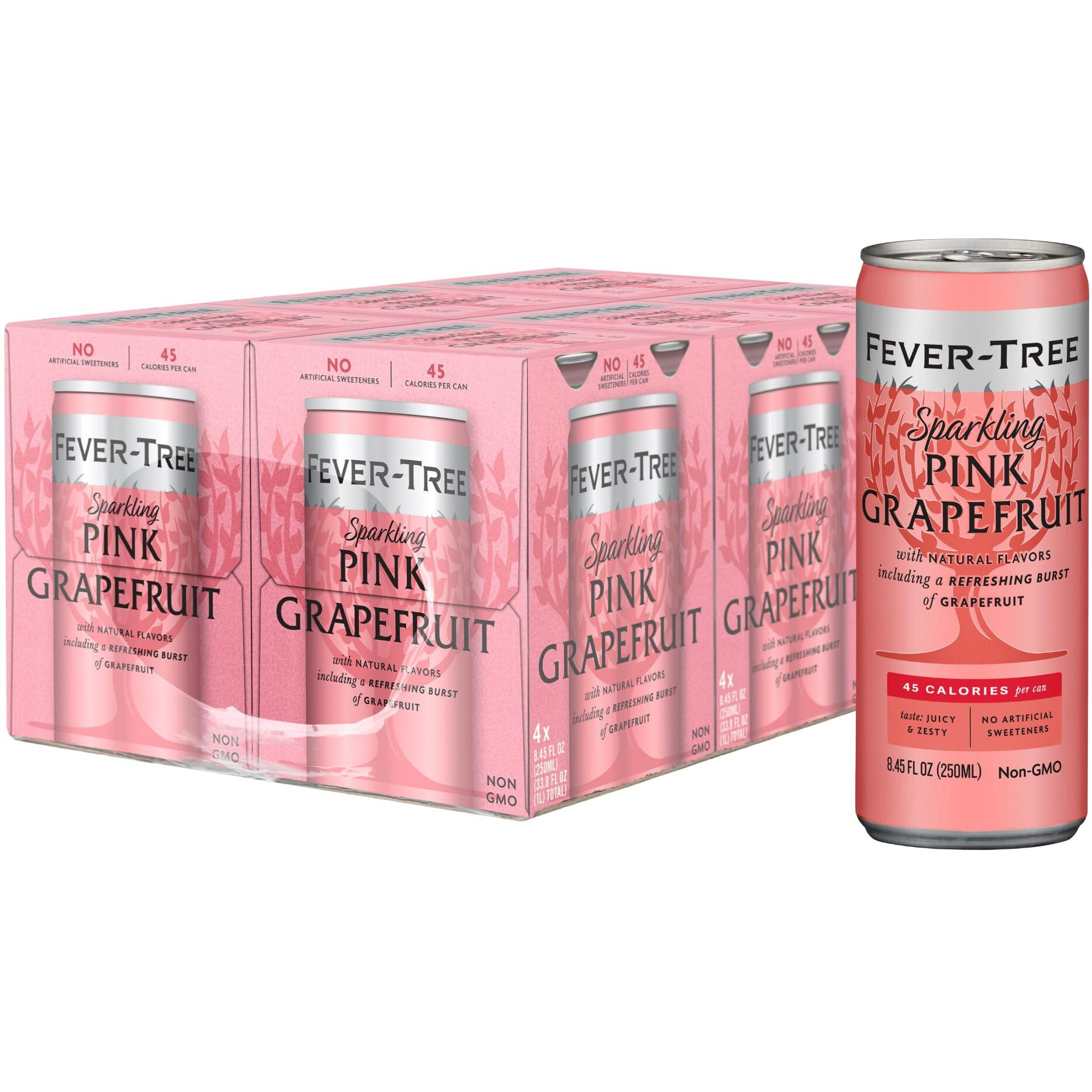 Fever Tree Sparkling Pink Grapefruit - Premium Mixer - Refreshing Beverage For Cocktails & Mocktails. Naturally Sourced Ingredients, No Artificial Sweeteners Or Colors - 250 Ml Cans - Pack Of 24