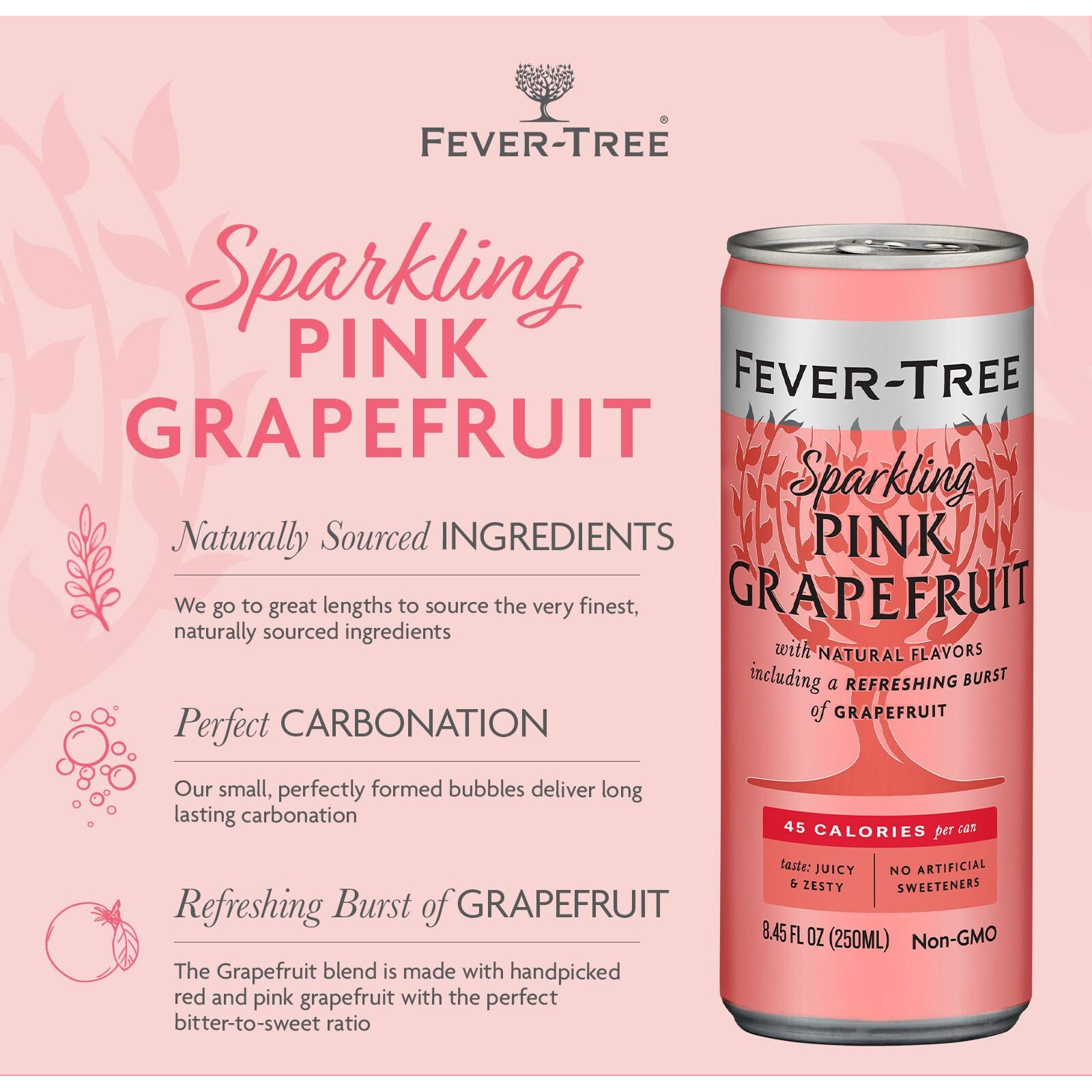 Fever Tree Sparkling Pink Grapefruit - Premium Mixer - Refreshing Beverage For Cocktails & Mocktails. Naturally Sourced Ingredients, No Artificial Sweeteners Or Colors - 250 Ml Cans - Pack Of 24