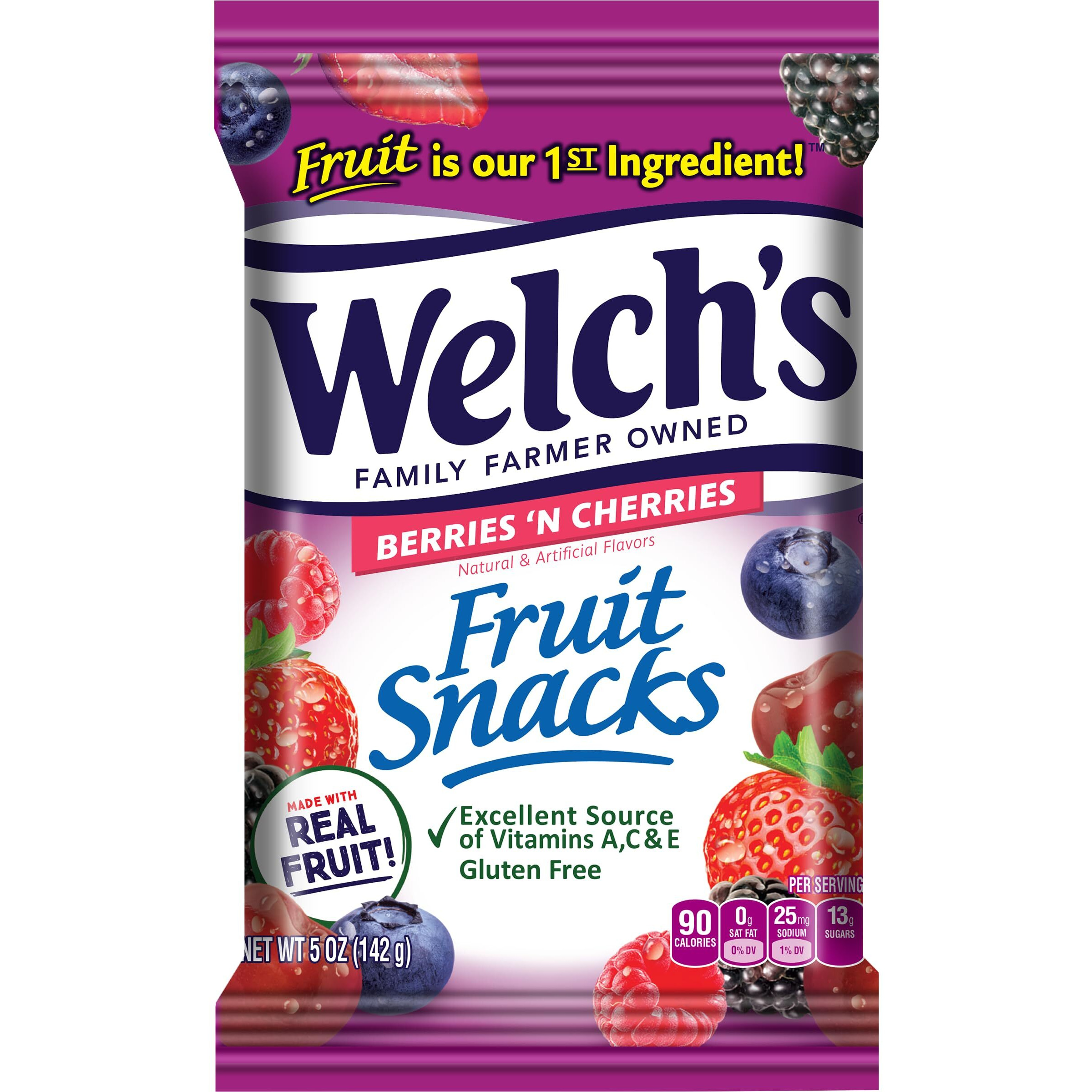Welch's Fruit Snacks, Berries 'N Cherries, Perfect For School Lunches, Gluten Free, Sharing Size Bags, 5 Oz (Pack Of 12)
