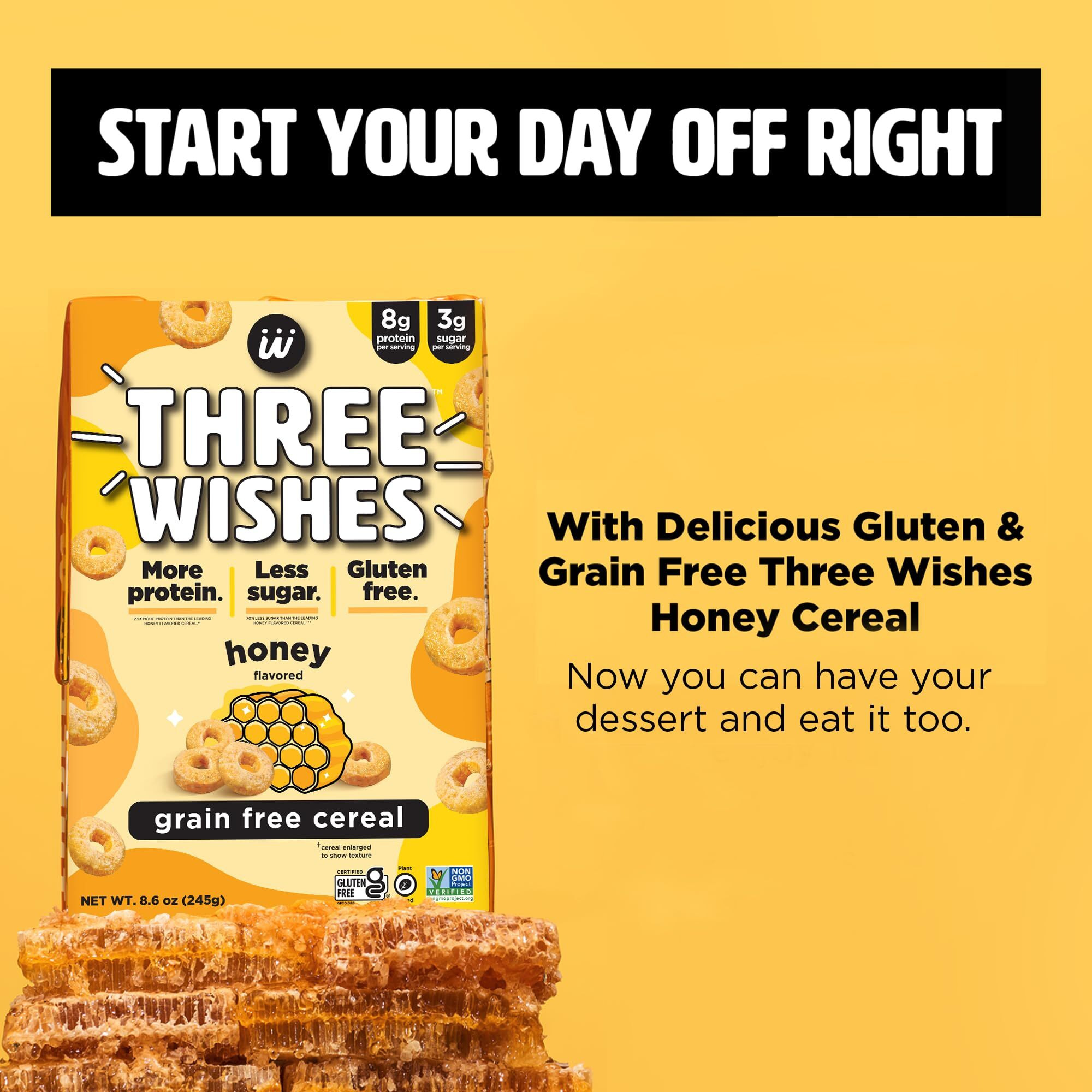 Plant-Based And Vegan Breakfast Cereal By Three Wishes - Honey, 6 Pack - More Protein And Less Sugar Snack - Gluten-Free, Grain-Free - Non-Gmo