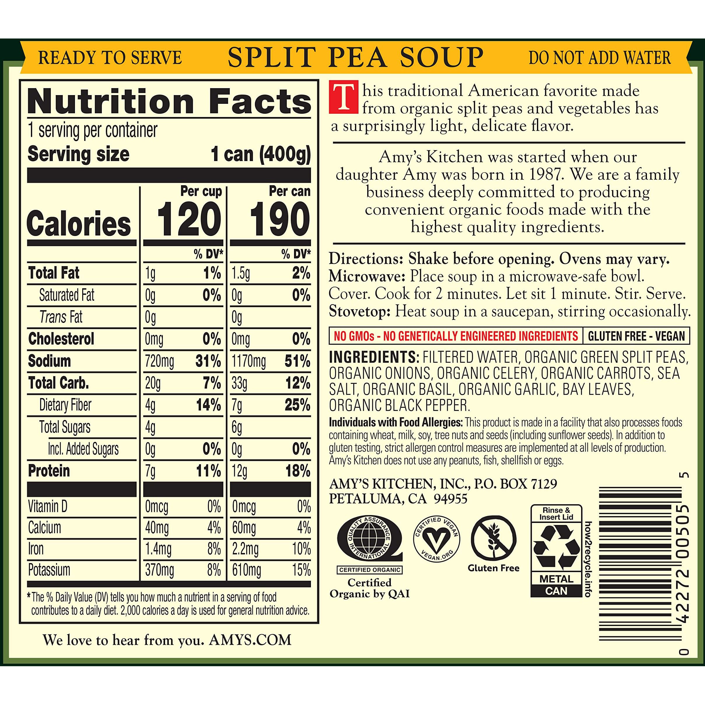 Amy's Soup, Vegan Split Pea Soup, Gluten Free, Made With Organic Split Peas And Vegetables, Canned Soup, 14.1 Oz (6 Pack)