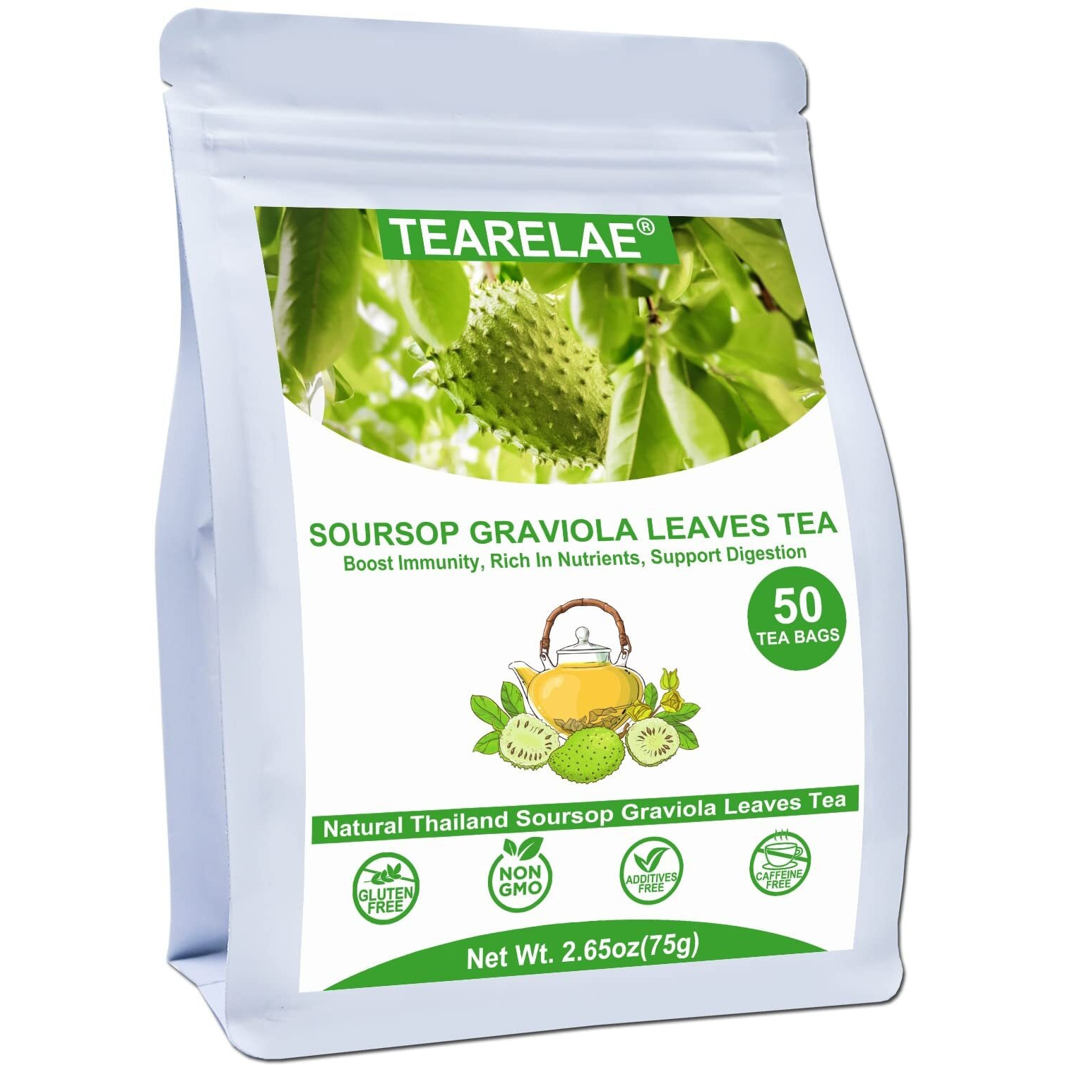 Tearelae - Soursop Leaves Tea - 1.5G X 50 Count - 100% Pure Soursop Graviola Leaves Tea Bag - Country Of Origin Thailand - Support Digestion & Rich In Nutrients