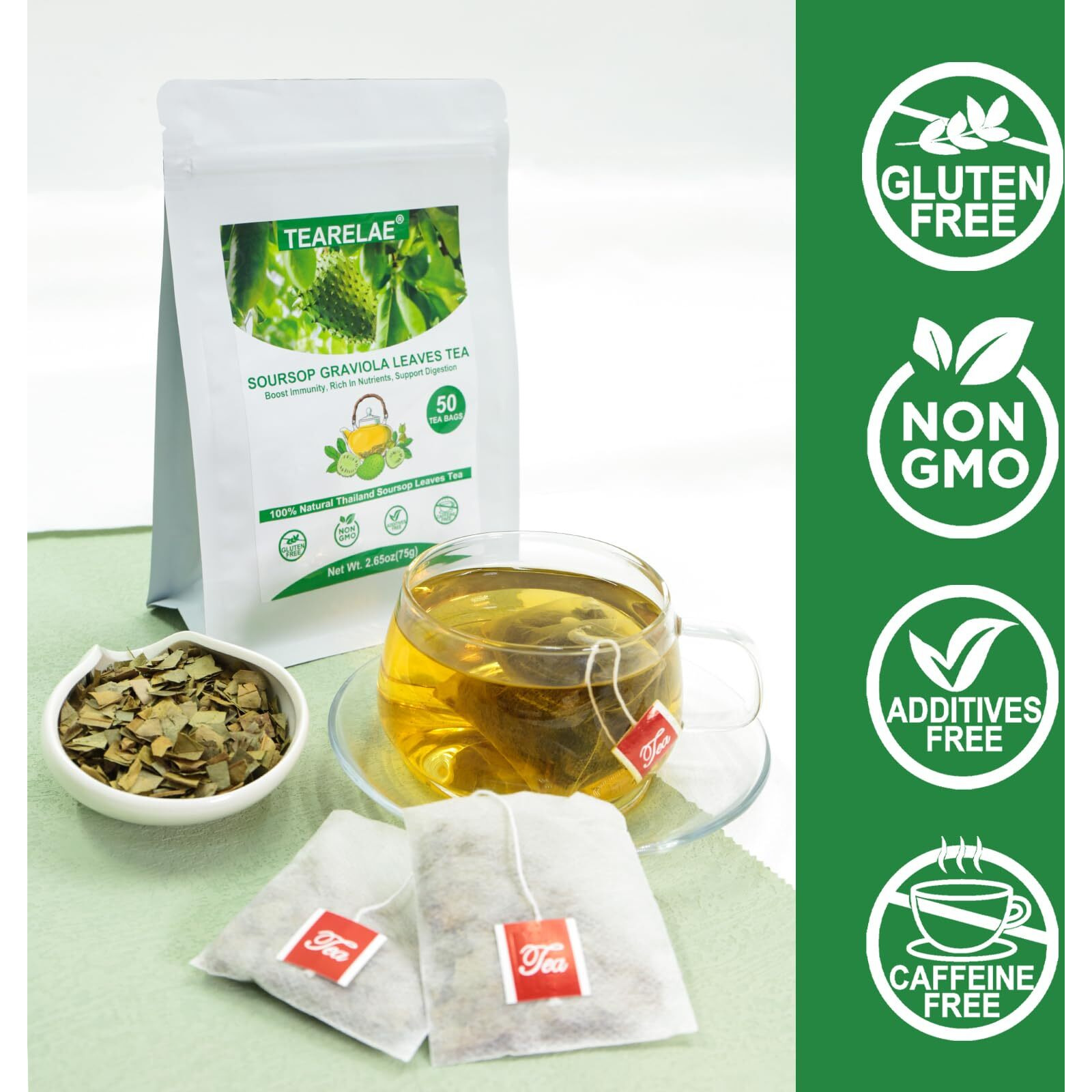 Tearelae - Soursop Leaves Tea - 1.5G X 50 Count - 100% Pure Soursop Graviola Leaves Tea Bag - Country Of Origin Thailand - Support Digestion & Rich In Nutrients