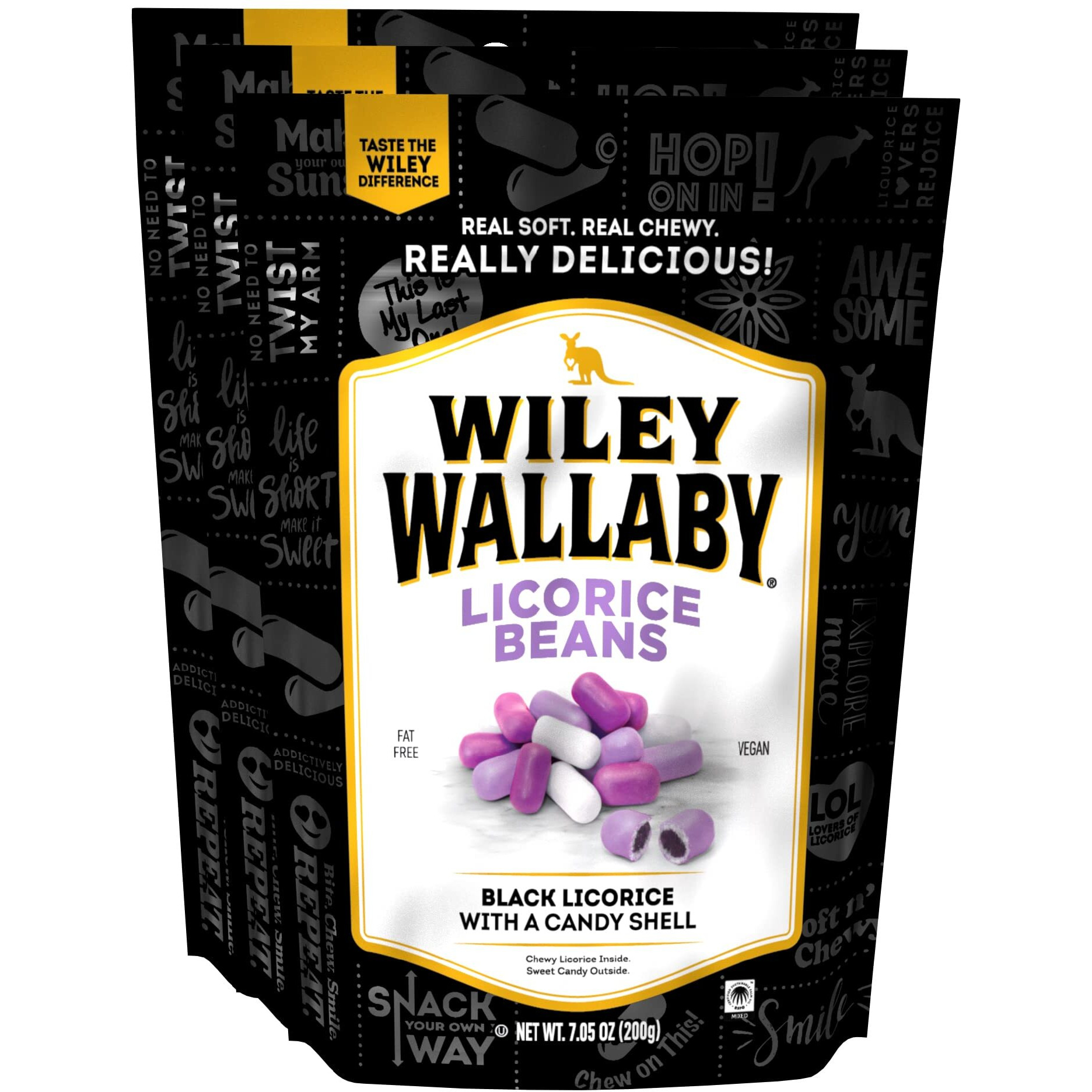 Wiley Wallaby 7.05 Ounce Classic Black Gourmet Australian Style Soft & Chewy Licorice Candy Beans, 3 Pack