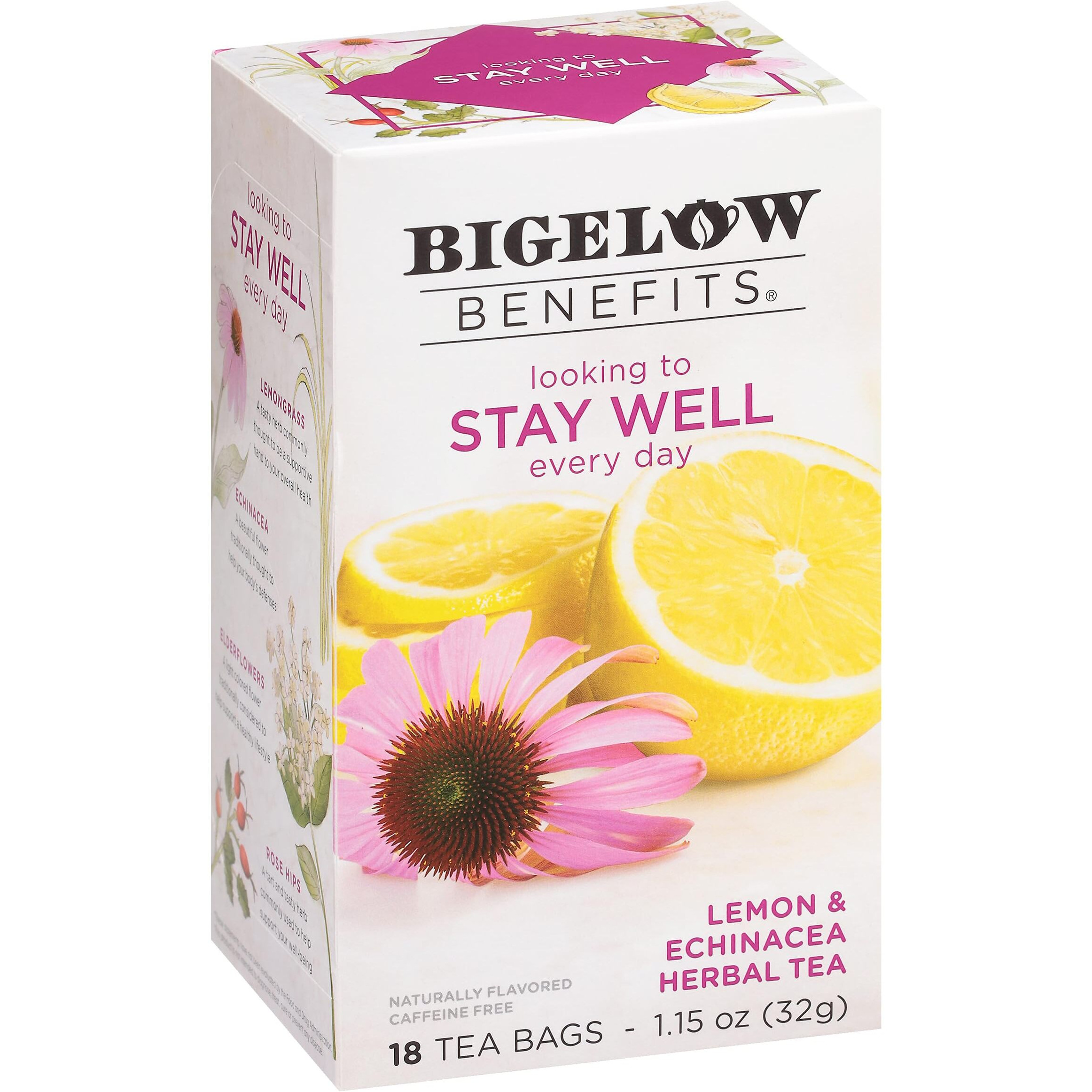 Bigelow Benefits Stay Well Lemon And Echinacea Herbal Tea, Caffeine Free, 18 Count (Pack Of 6), 108 Total Tea Bags