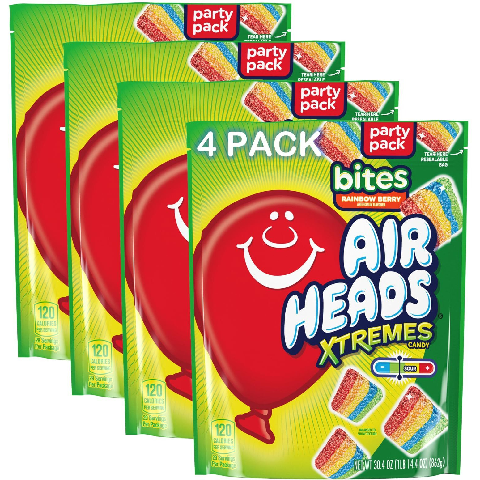 Airheads Candy, Xtremes Sour And Sweet Bites, Rainbow Berry, Party, Cake Toppings, 30.4Oz Large Bag (Pack Of 4)