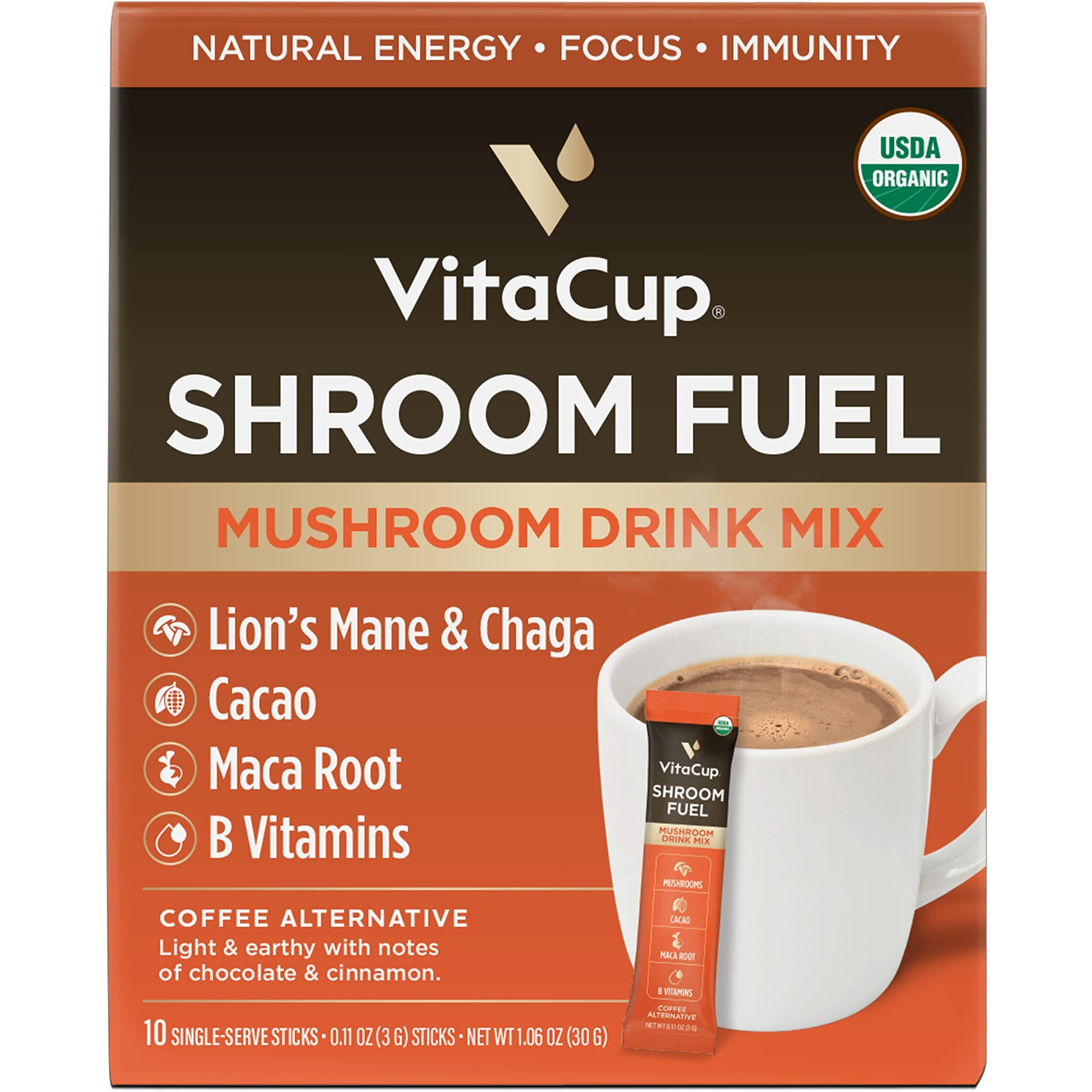Vitacup Shroom Fuel, Mushroom Based Instant Coffee Alternative Packets, Mushroom Coffee Substitute W/Cacao, Cinnamon, Chaga, Lions Mane, & Maca For Energy, Immune Support, & Focus, 10 Ct
