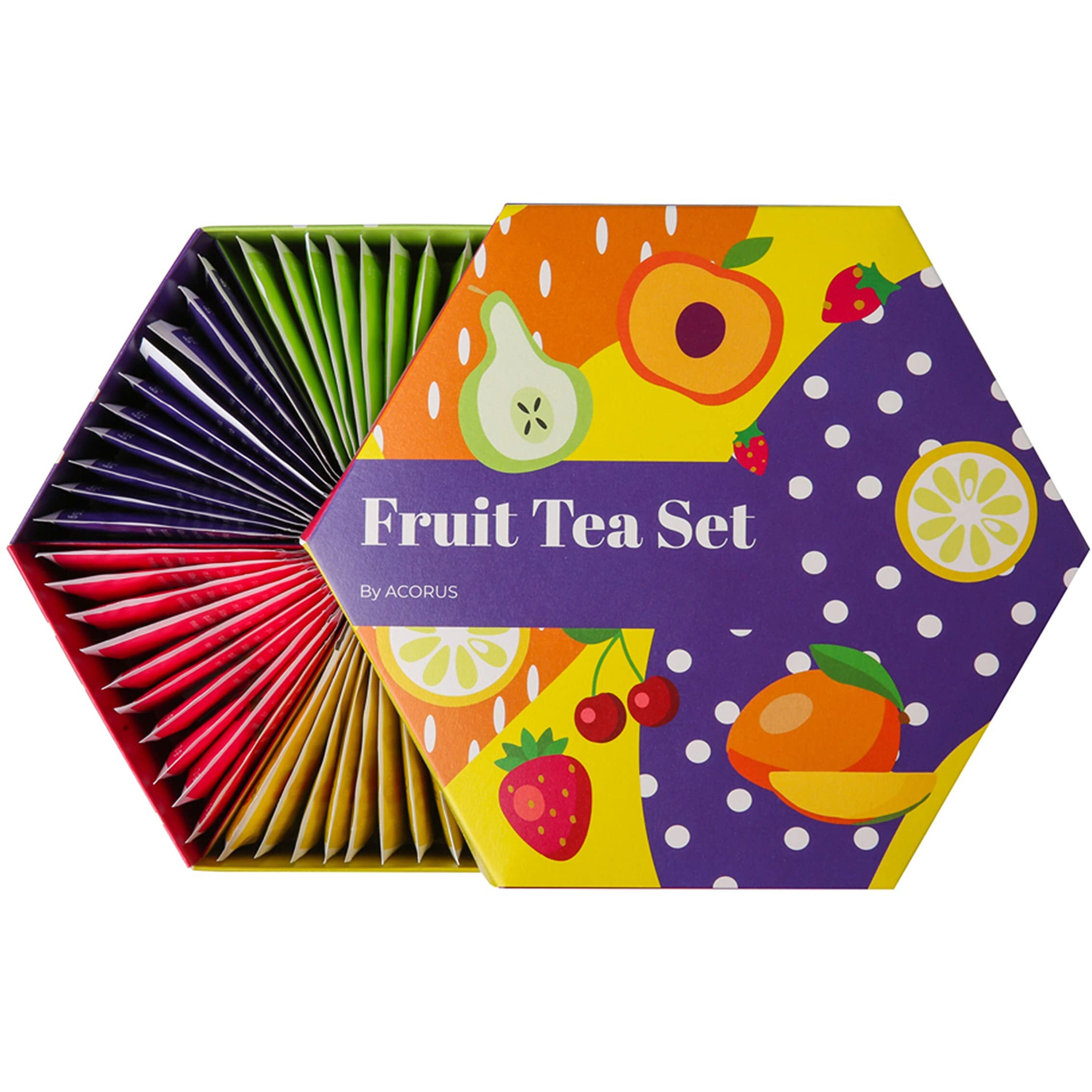 Acorus Fruit Luxury Tea Set | Perfect For Making Iced Tea | Assorted Fruit And Herbal Tea Box | Tea Gift Sets | Large Variety Pack |Tea Sampler 6 Flavors | 60 Tea Bags