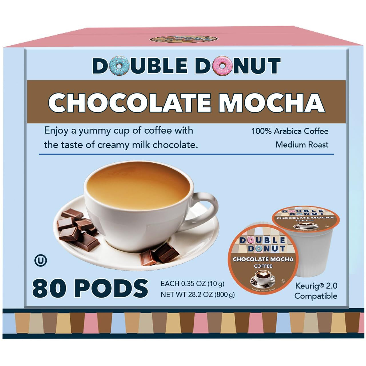 Double Donut Flavored Coffee Pods, Chocolate Mocha Coffee, Single Serve Medium Roast Coffee For Keurig K Cups Brewers, 80 Count