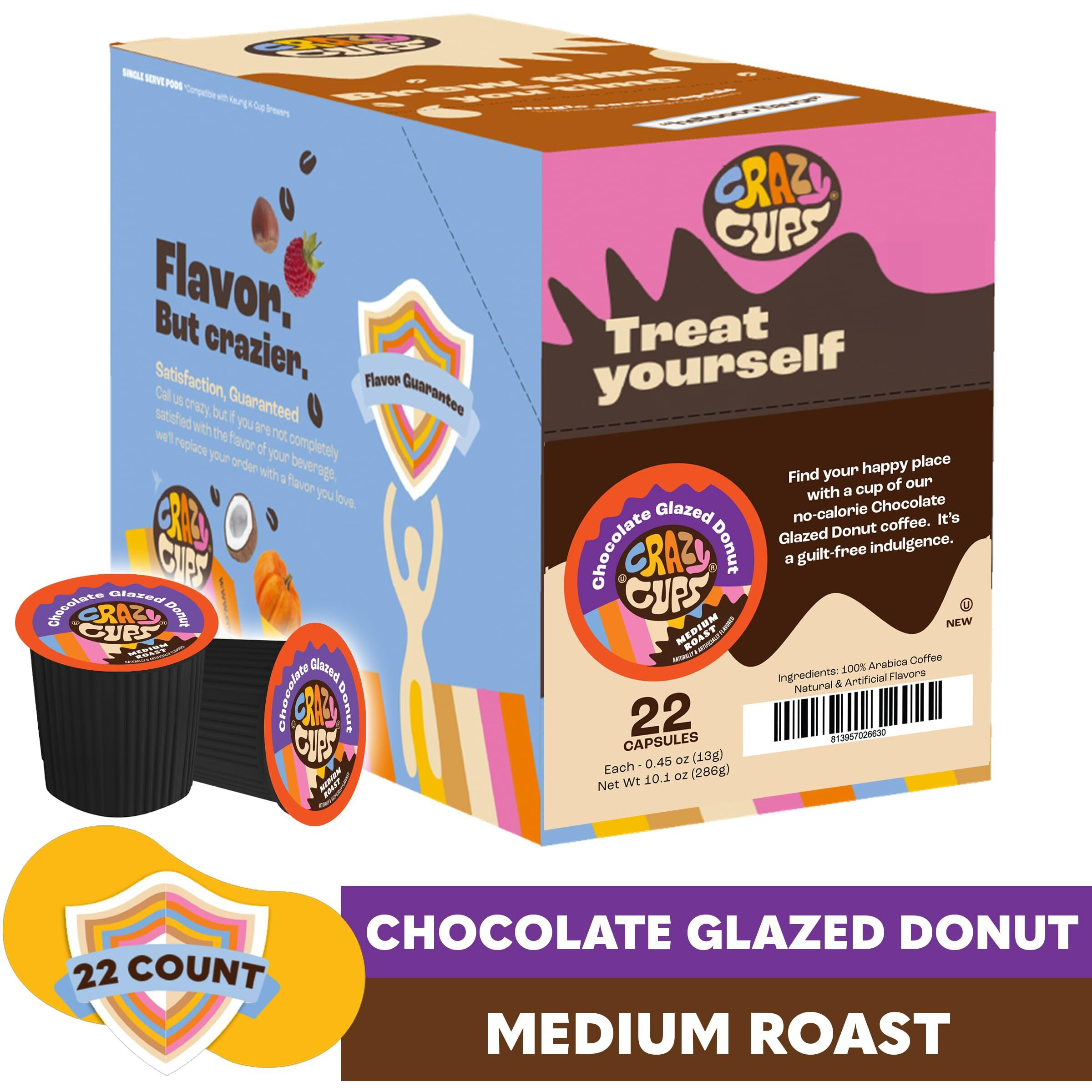 Crazy Cups Flavored Coffee Pods, Chocolate Glazed Donut, Flavored Single Serve Coffee Capsules For All Keurig K Cups Coffee Makers, 22 Count (Pack Of 1)