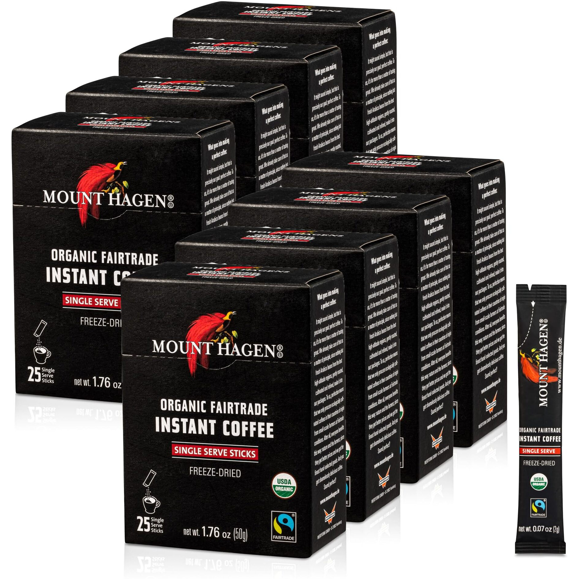 Mount Hagen 25 Count Single Serve Instant Coffee Packets - 8 Pack | Organic Medium Roast Arabica Beans | Eco-Friendly, Fair-Trade [8 X 25 Sticks/1.76Oz/50G]