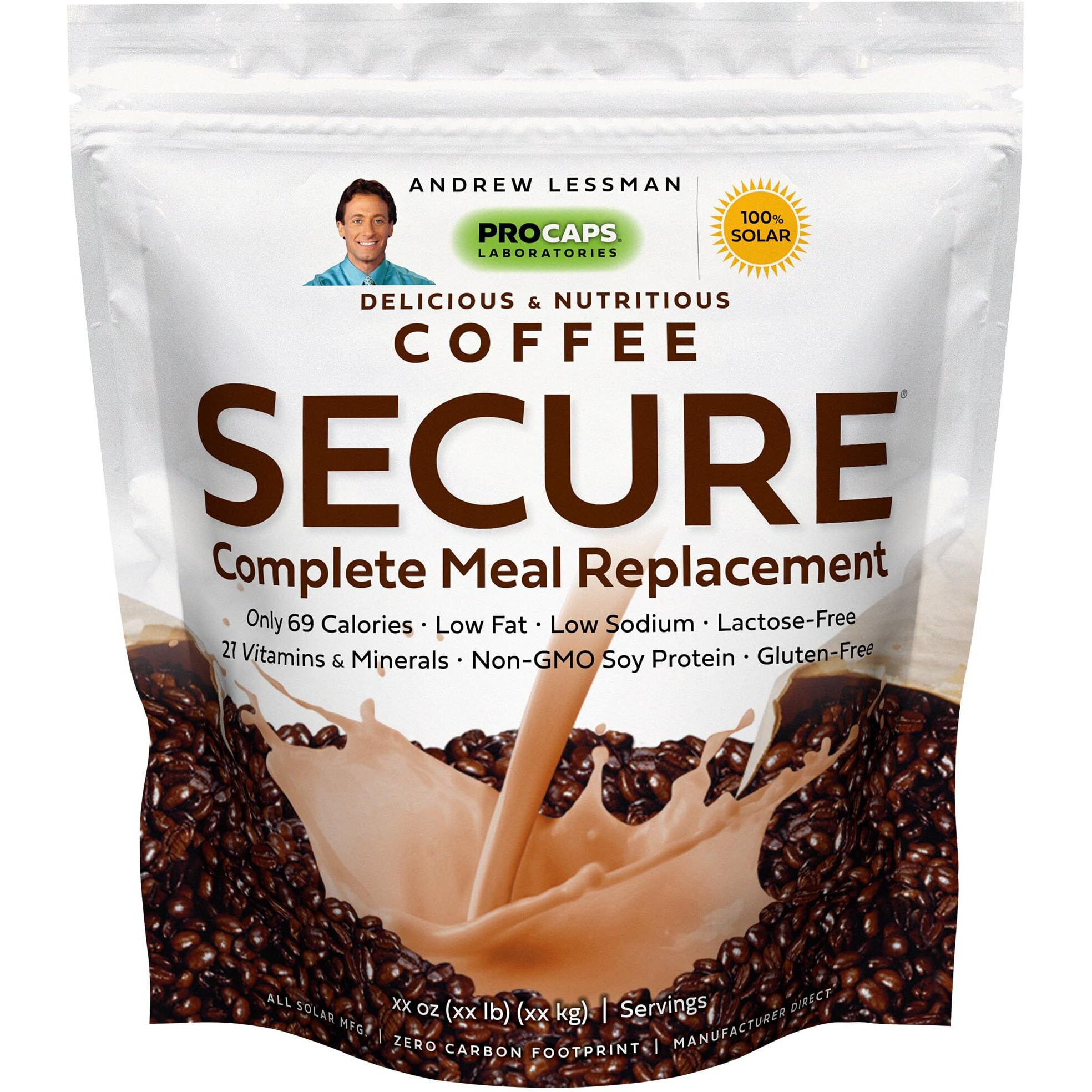 Andrew Lessman Secure Soy Complete Meal Replacement - Coffee 100 Servings (Bag)  Only 69 Calories, 7 Grams Non-Gmo Soy Protein, Vitamins & Minerals, Low-Fat, Nutritious & Delicious, Mixes Instantly