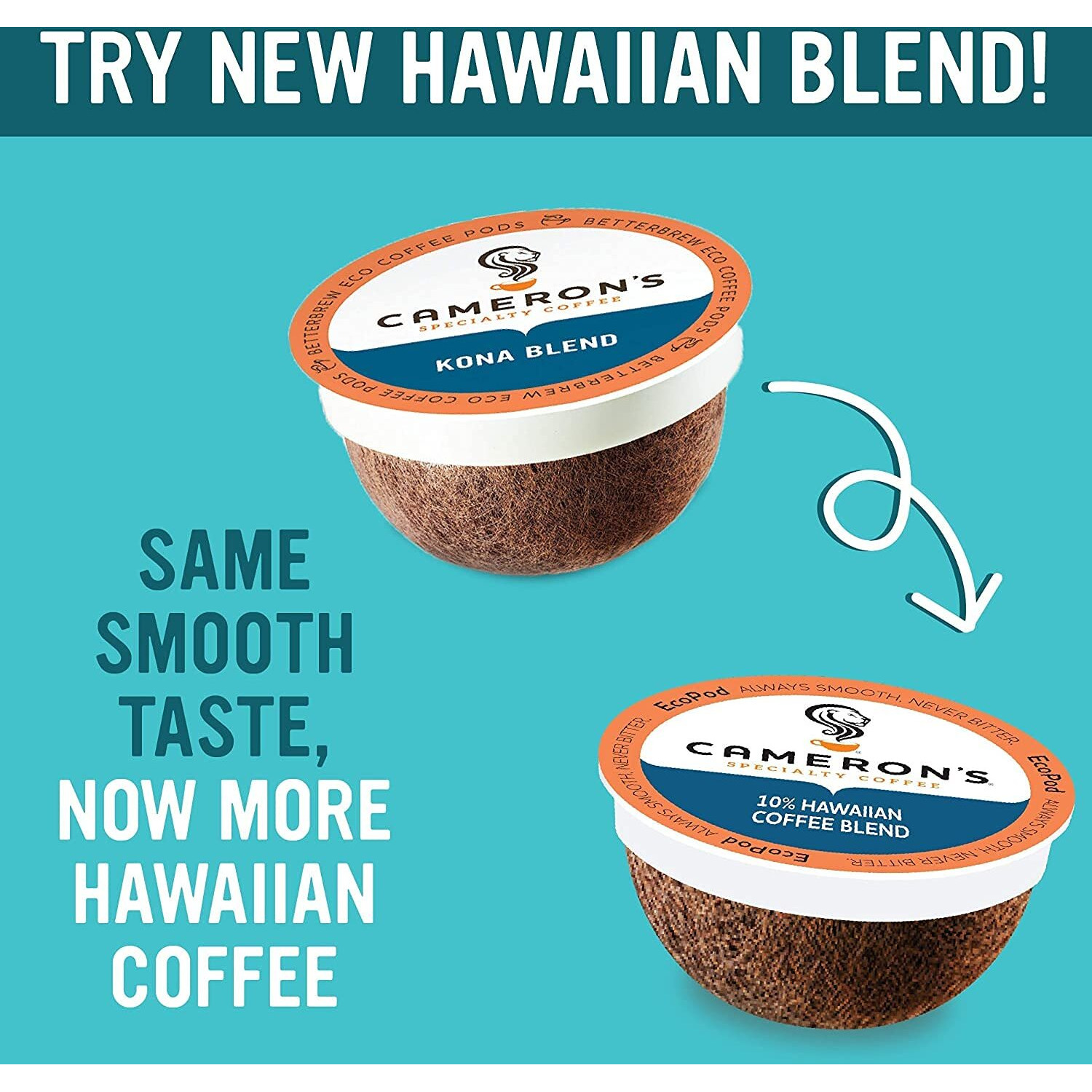 Cameron's Coffee Single Serve Pods 10% Hawaiian Coffee Blend, Light Roast, 32-Count (Pack Of 4)