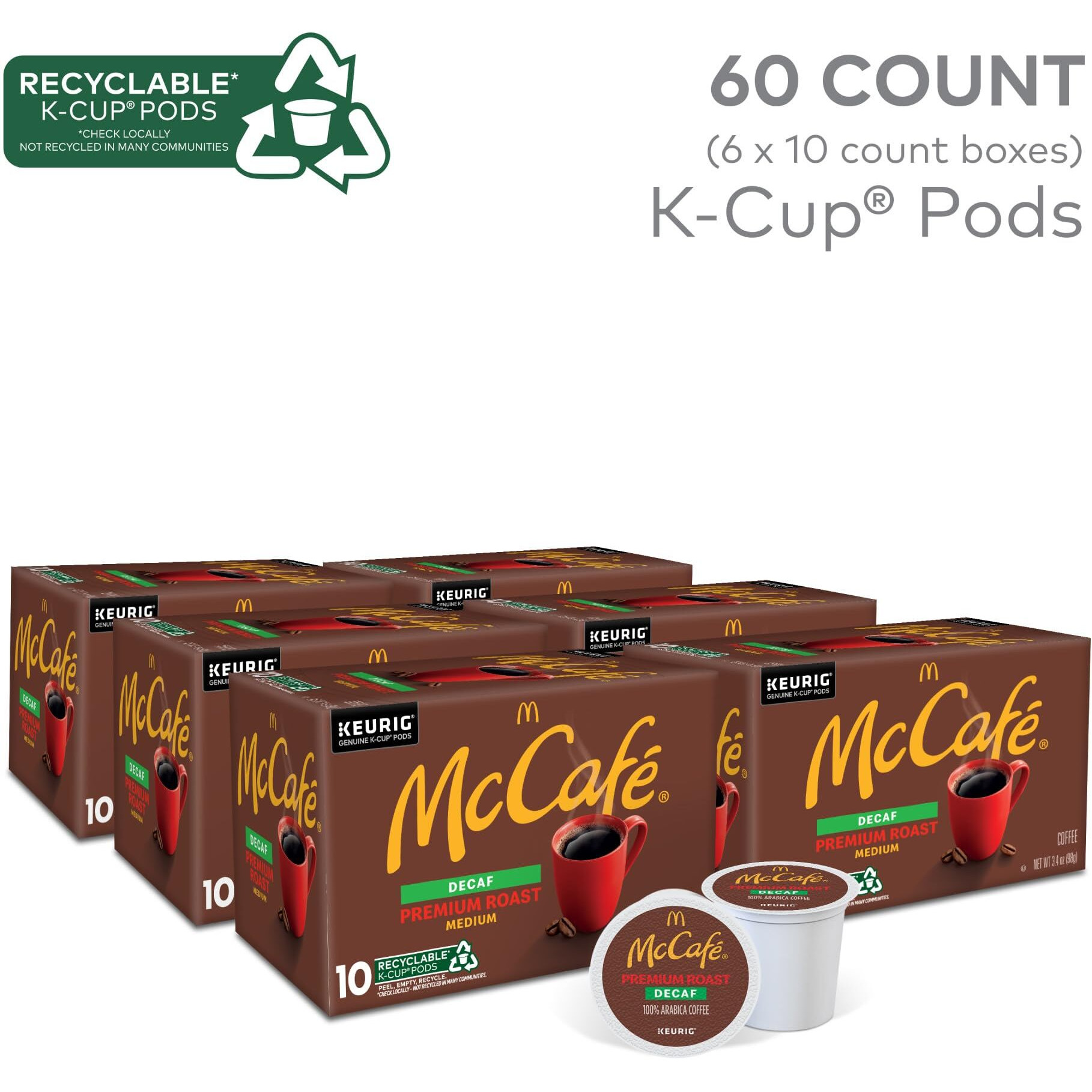 Mccafe Premium Roast Decaf Coffee, Keurig Single Serve K-Cup Pods, Decaffeinated, 60 Count, (6 Packs Of 10)